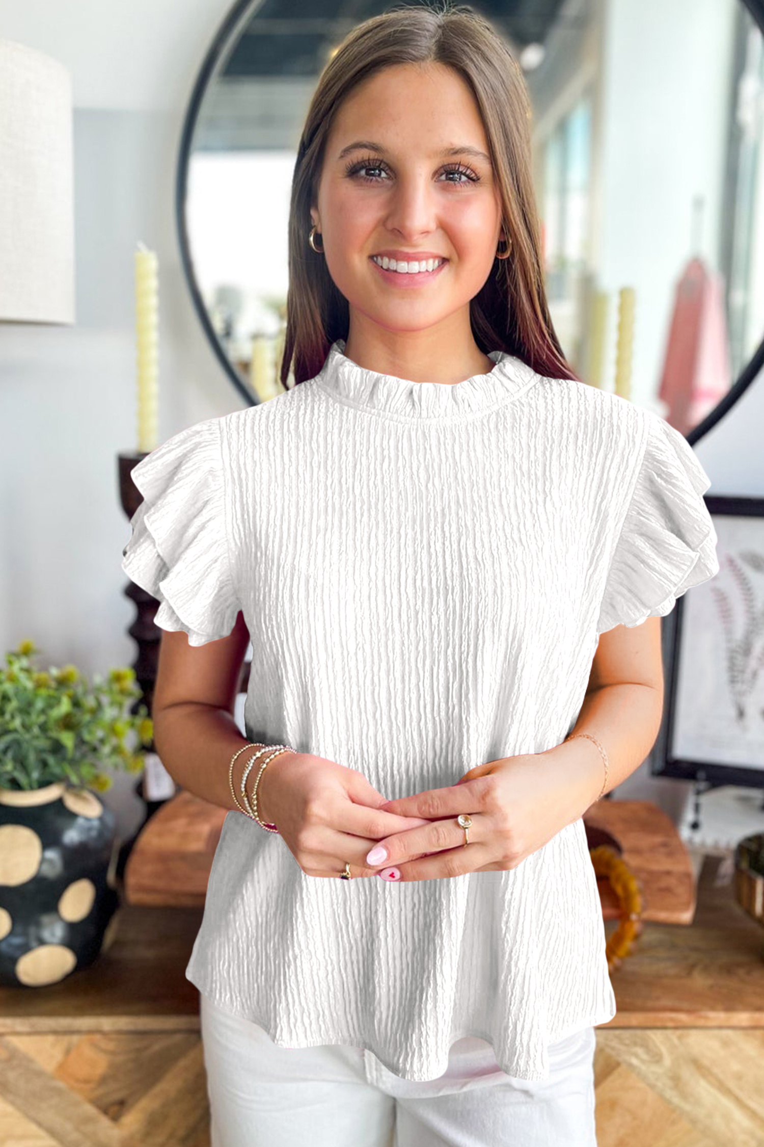 White Solid Color Textured Ruffle Trim Short Sleeve Blouse view 4