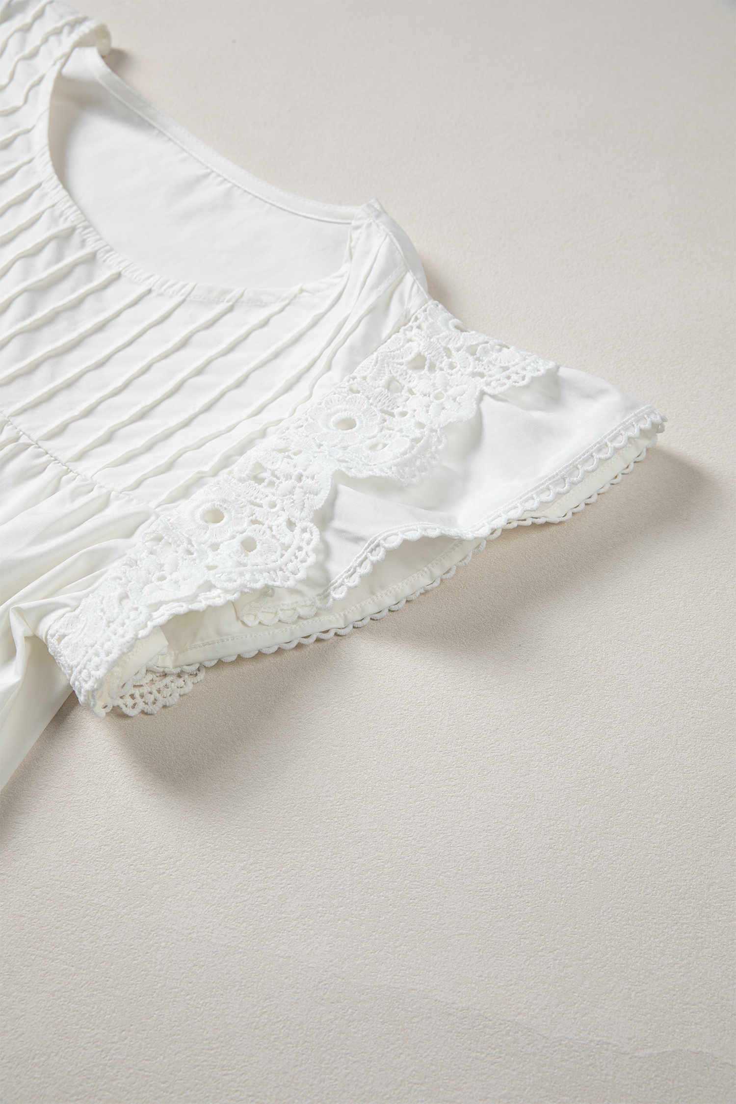 White Lace Detail Flutter Sleeve Pleated Round Neck Blouse view 12