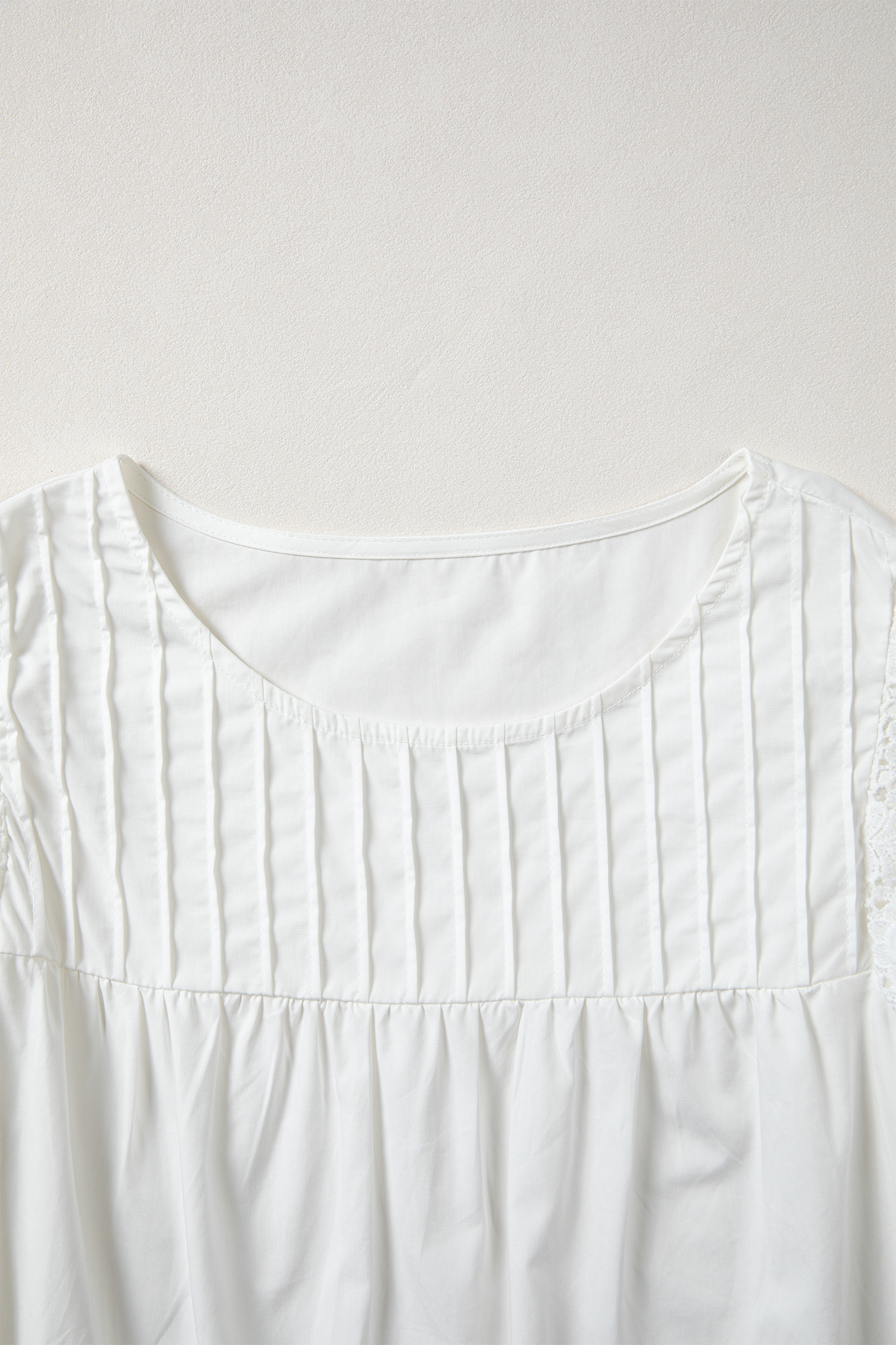 White Lace Detail Flutter Sleeve Pleated Round Neck Blouse view 9