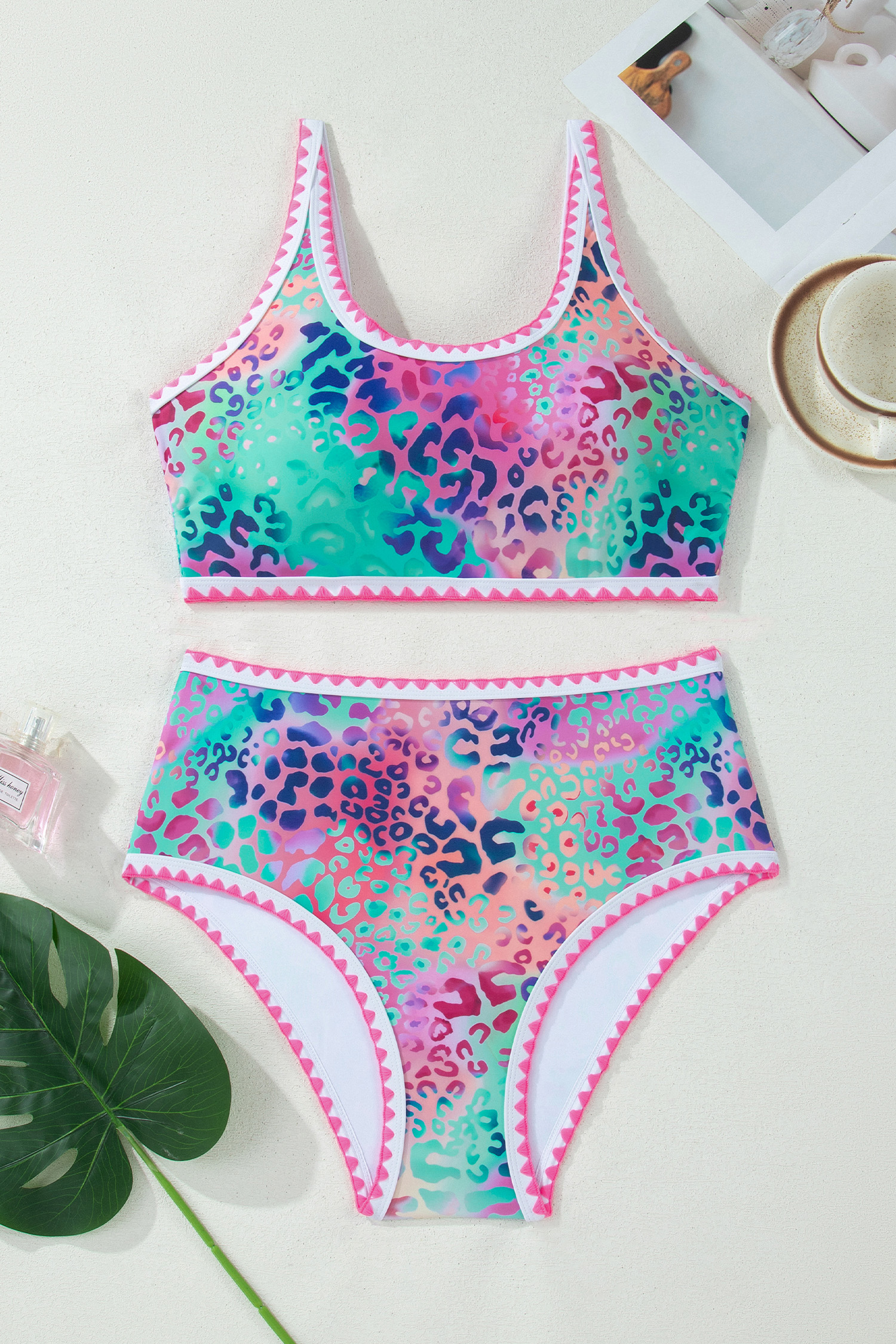 Pink Leopard Ricrac Trim Square Neck High Waist Bikinich view 5