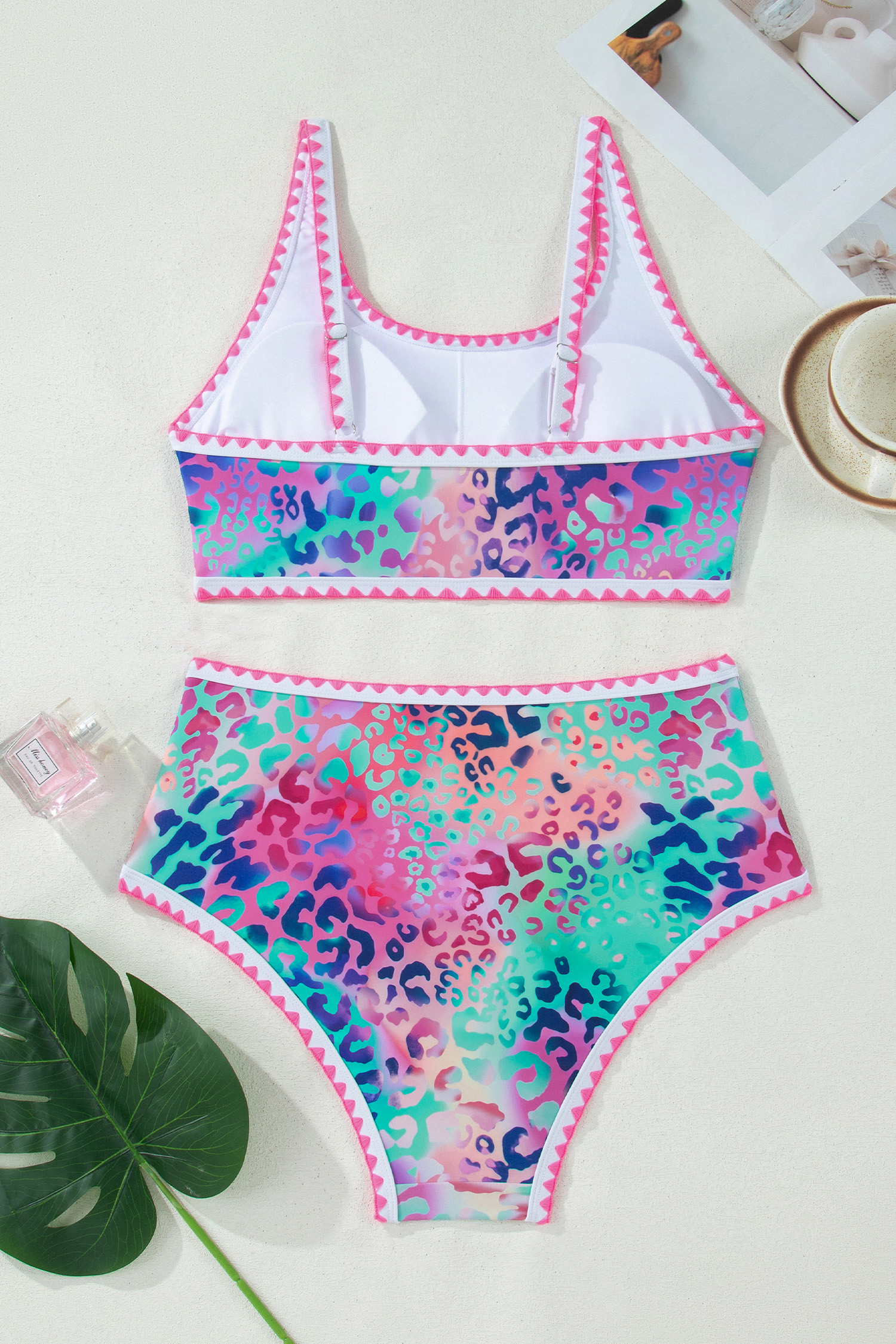 Pink Leopard Ricrac Trim Square Neck High Waist Bikinich view 6
