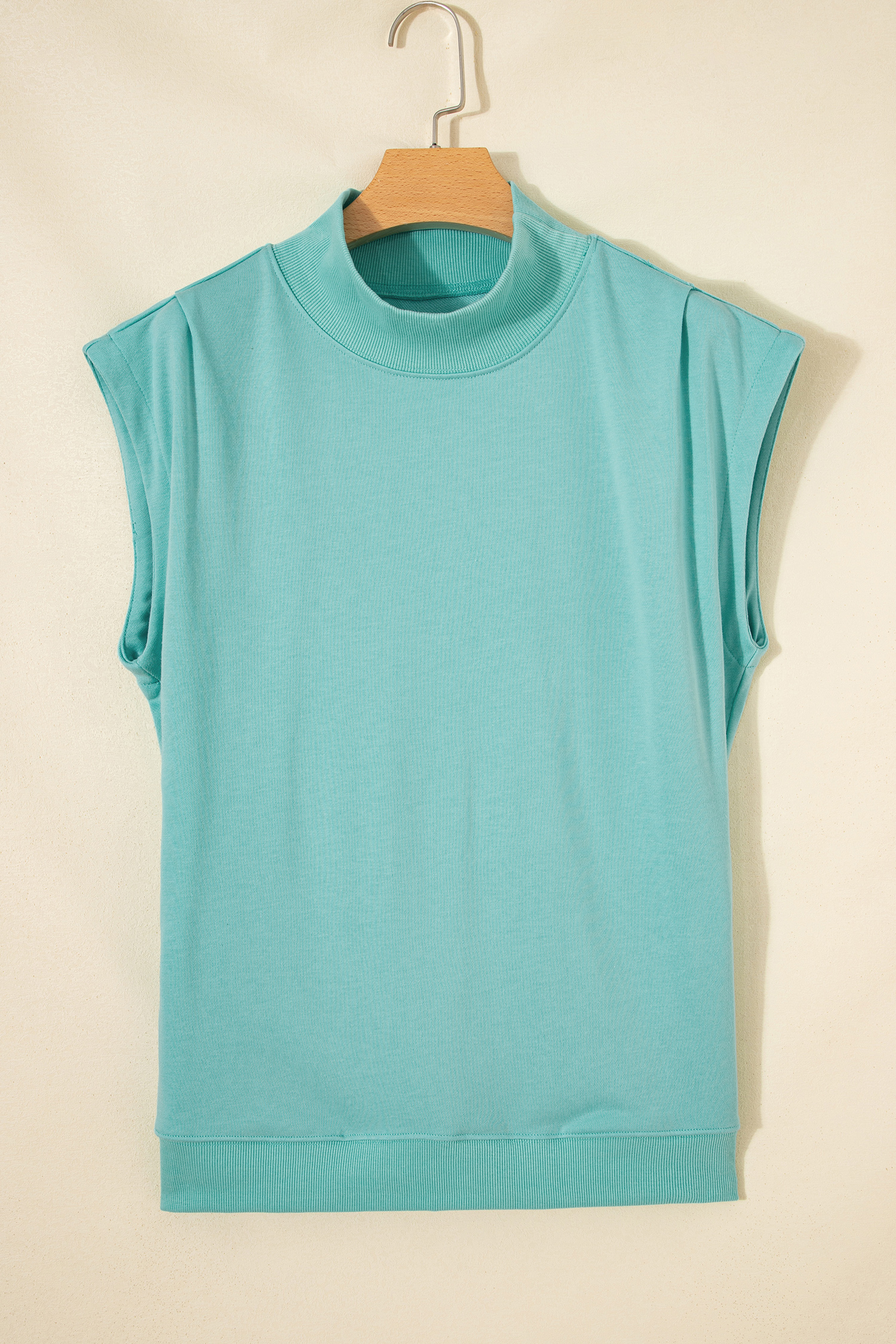 Mint Green Solid Color High Neck Cap Sleeve Loose Top
