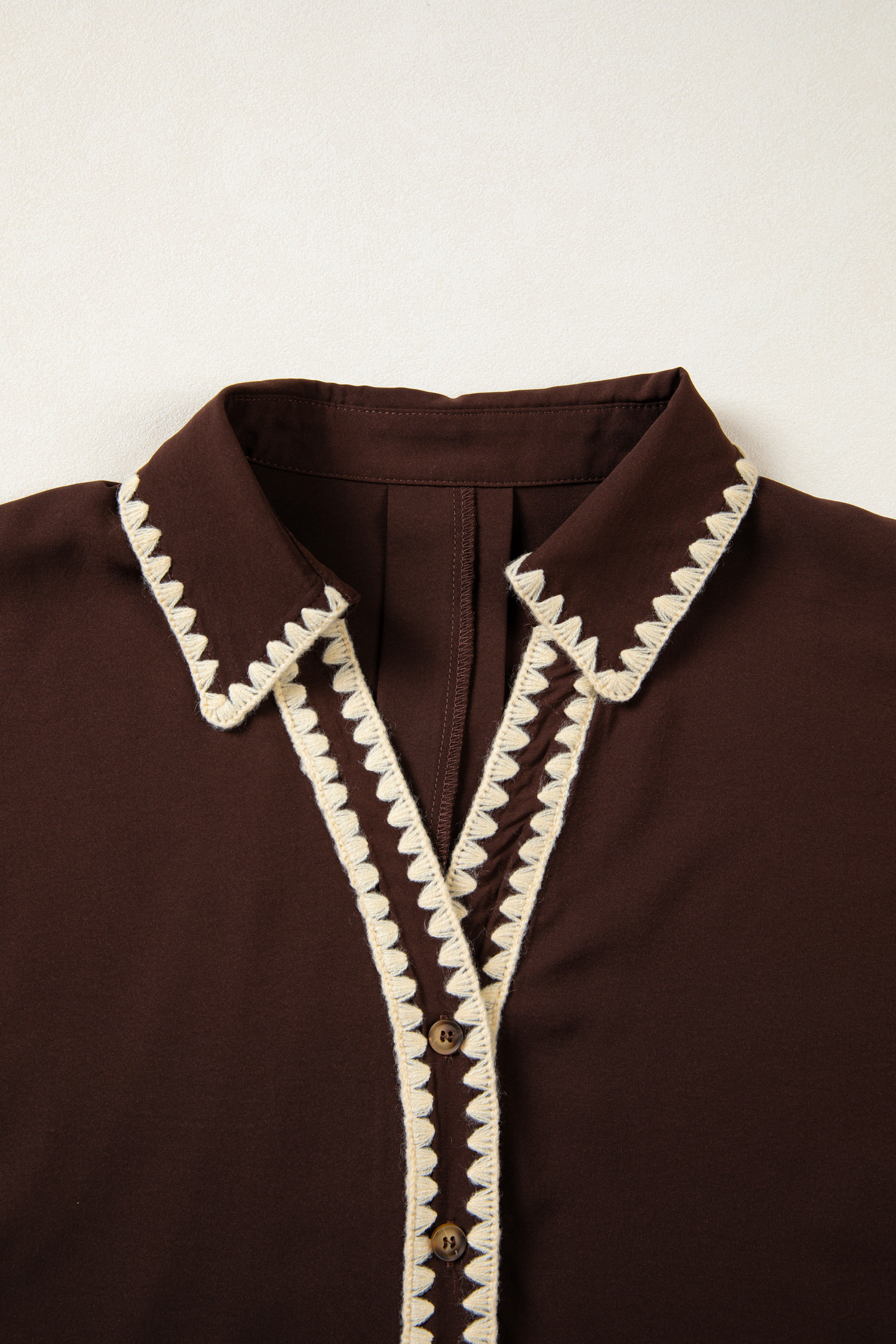 Coffee Shirt Collar Contrast Trim Button V Neck Short Sleeve Blouse view 6