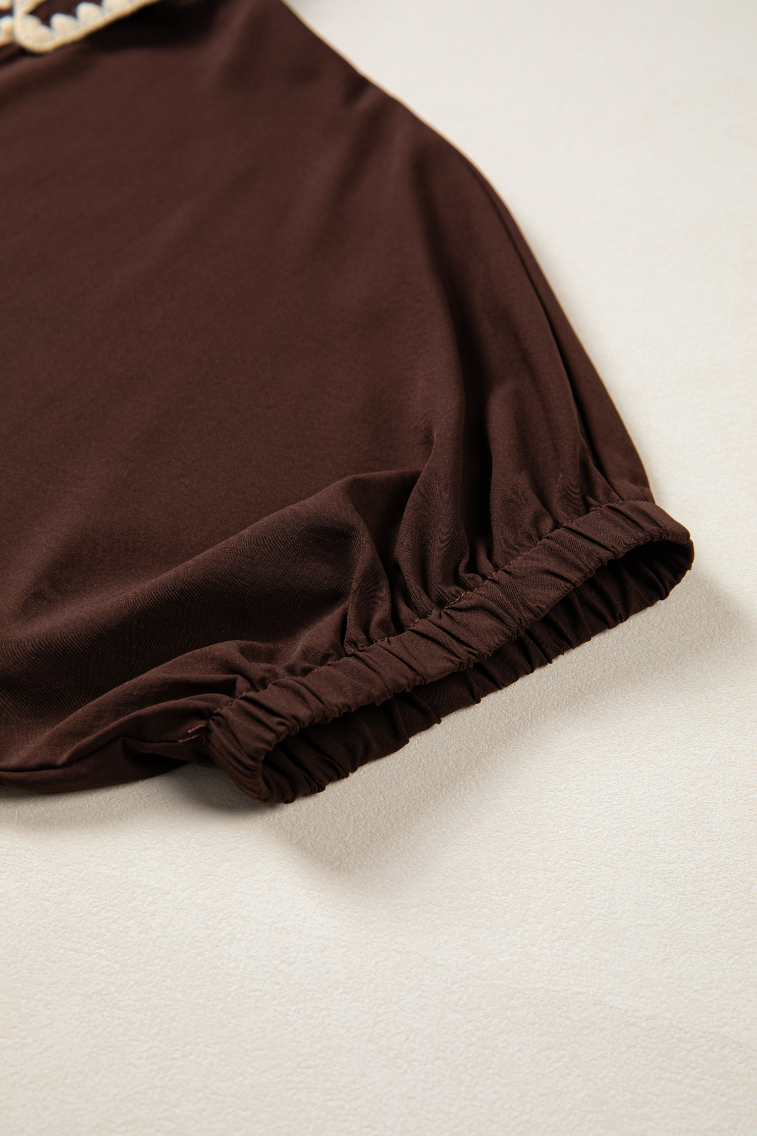 Coffee Shirt Collar Contrast Trim Button V Neck Short Sleeve Blouse view 7
