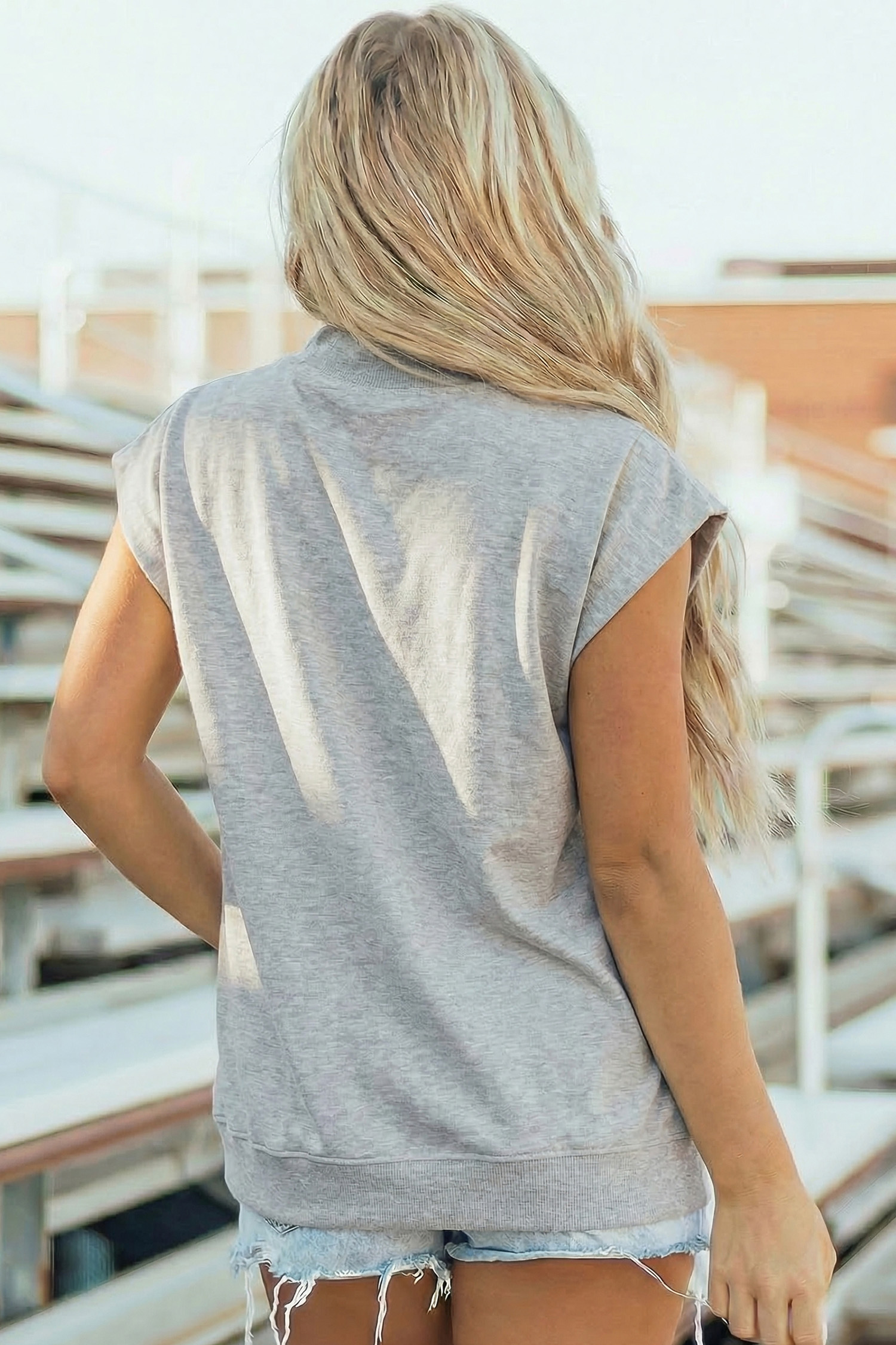 Light Grey Solid Color High Neck Cap Sleeve Loose Top view 2