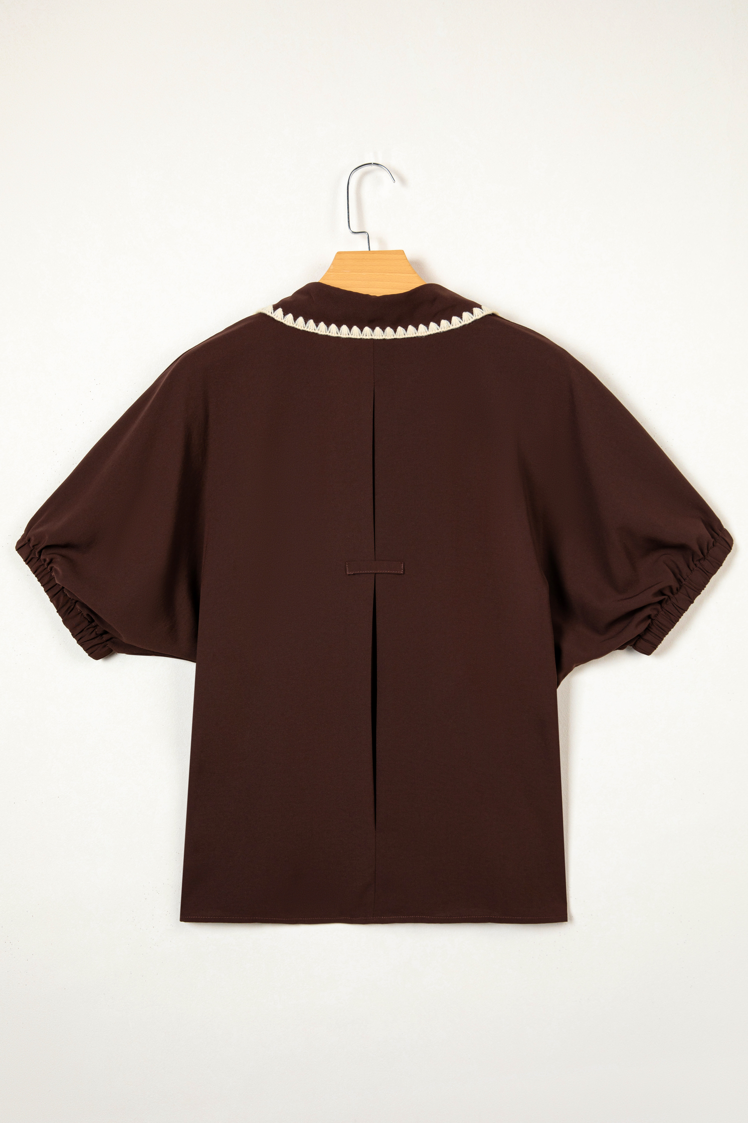 Coffee Shirt Collar Contrast Trim Button V Neck Short Sleeve Blouse view 5