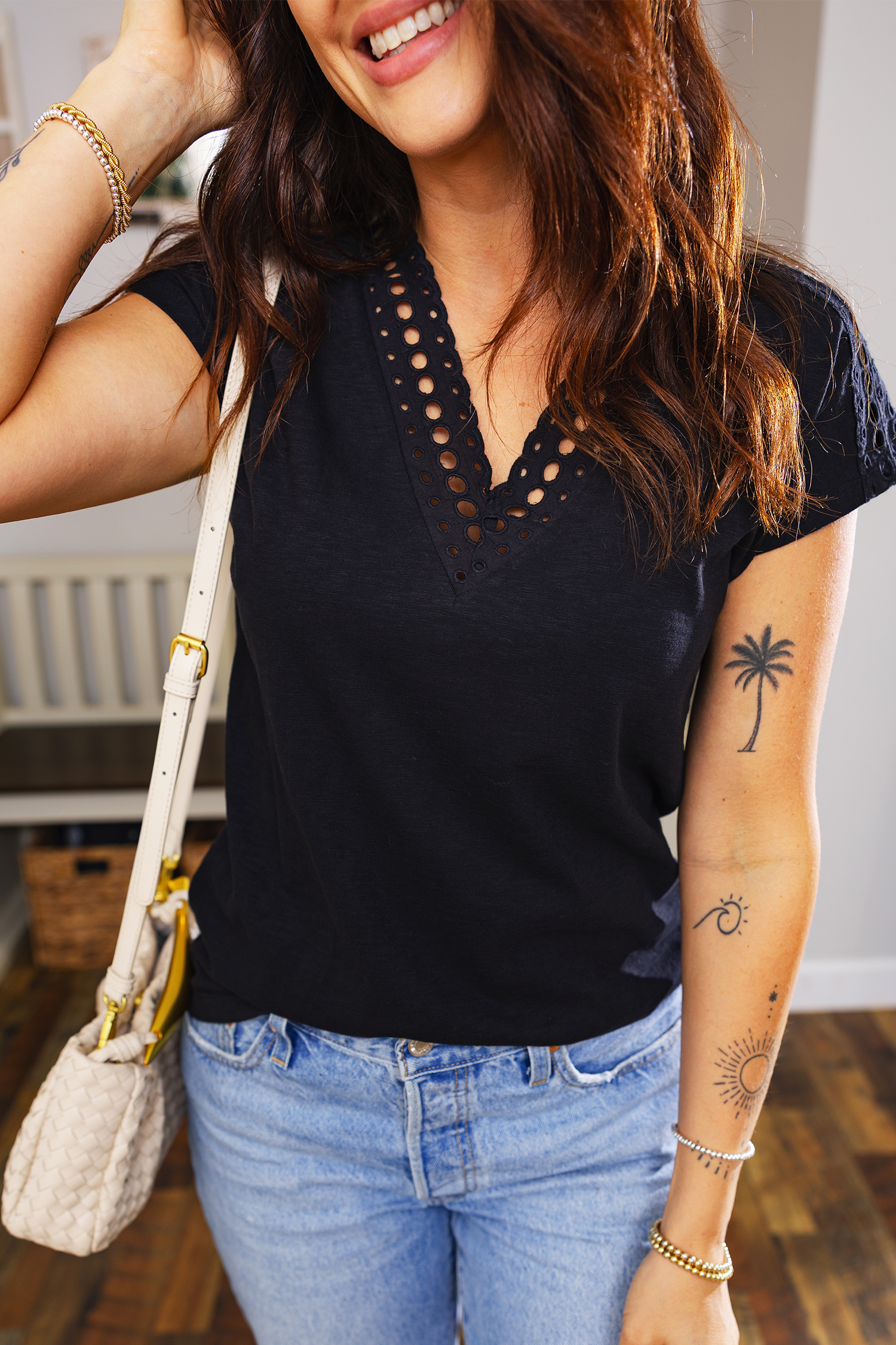 Black Cutout Embroidered Trim V Neck Cap Sleeve Tee view 7