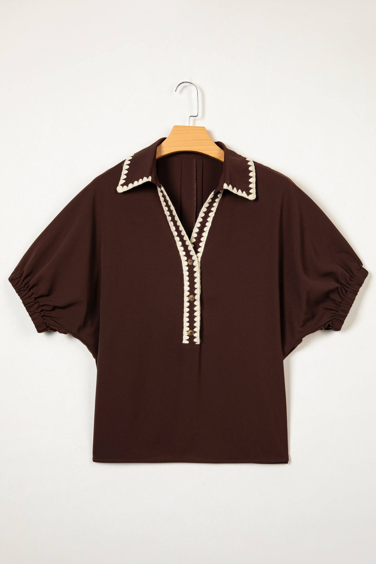 Coffee Shirt Collar Contrast Trim Button V Neck Short Sleeve Blouse view 4
