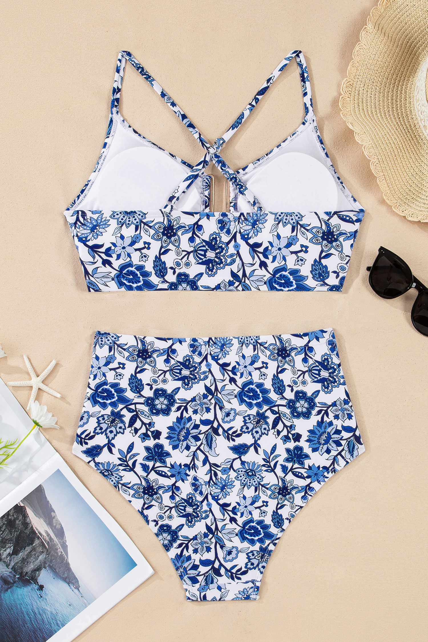 Blue Floral Print Hardware Accent Notched Neck High Waist Bikini Set view 23