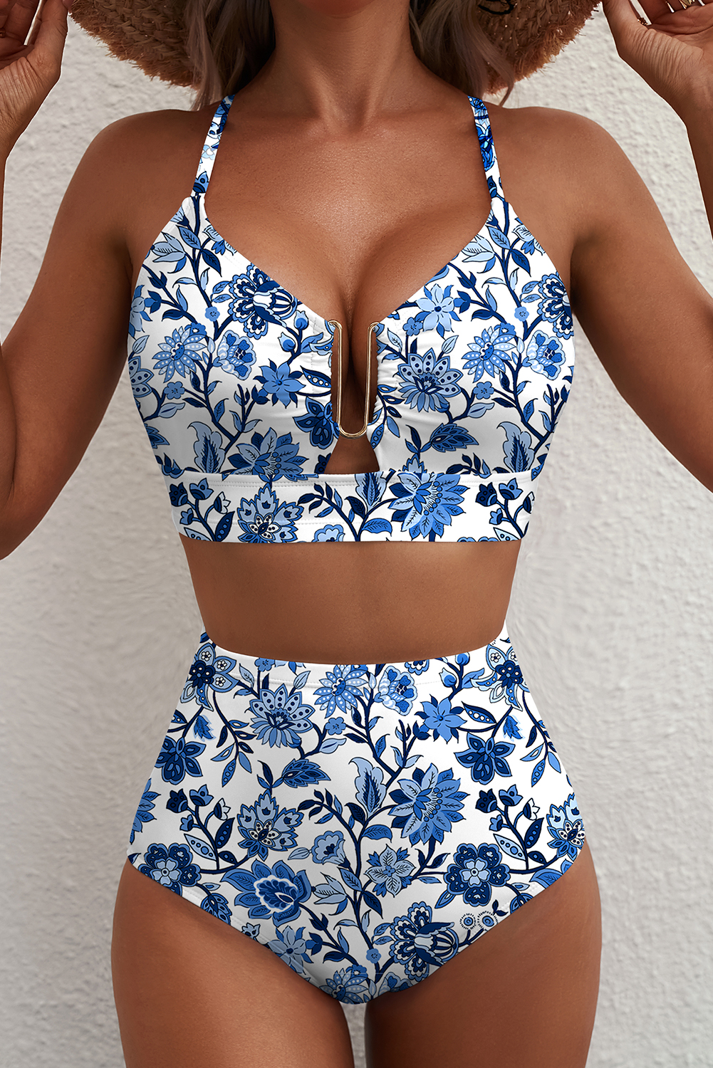 Blue Floral Print Hardware Accent Notched Neck High Waist Bikini Set view 2