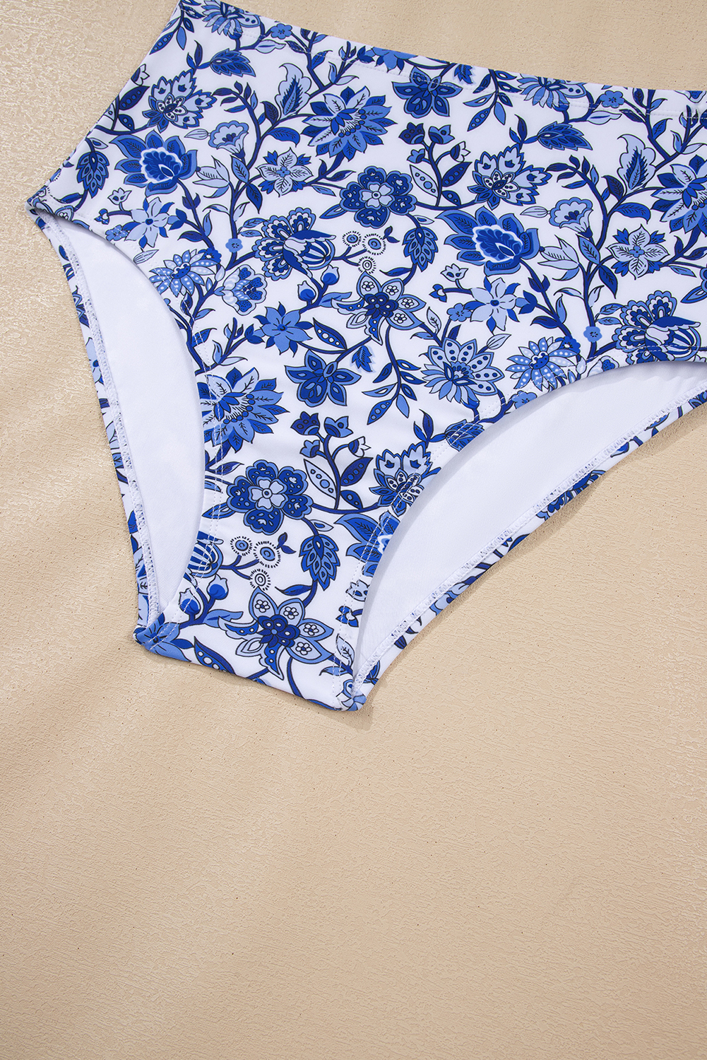 Blue Floral Print Hardware Accent Notched Neck High Waist Bikini Set view 37
