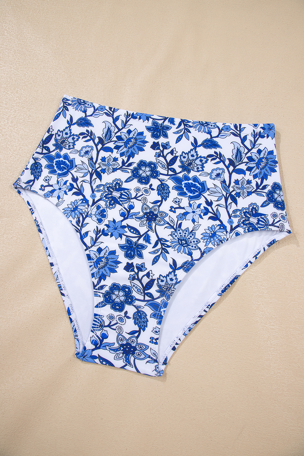 Blue Floral Print Hardware Accent Notched Neck High Waist Bikini Set view 39