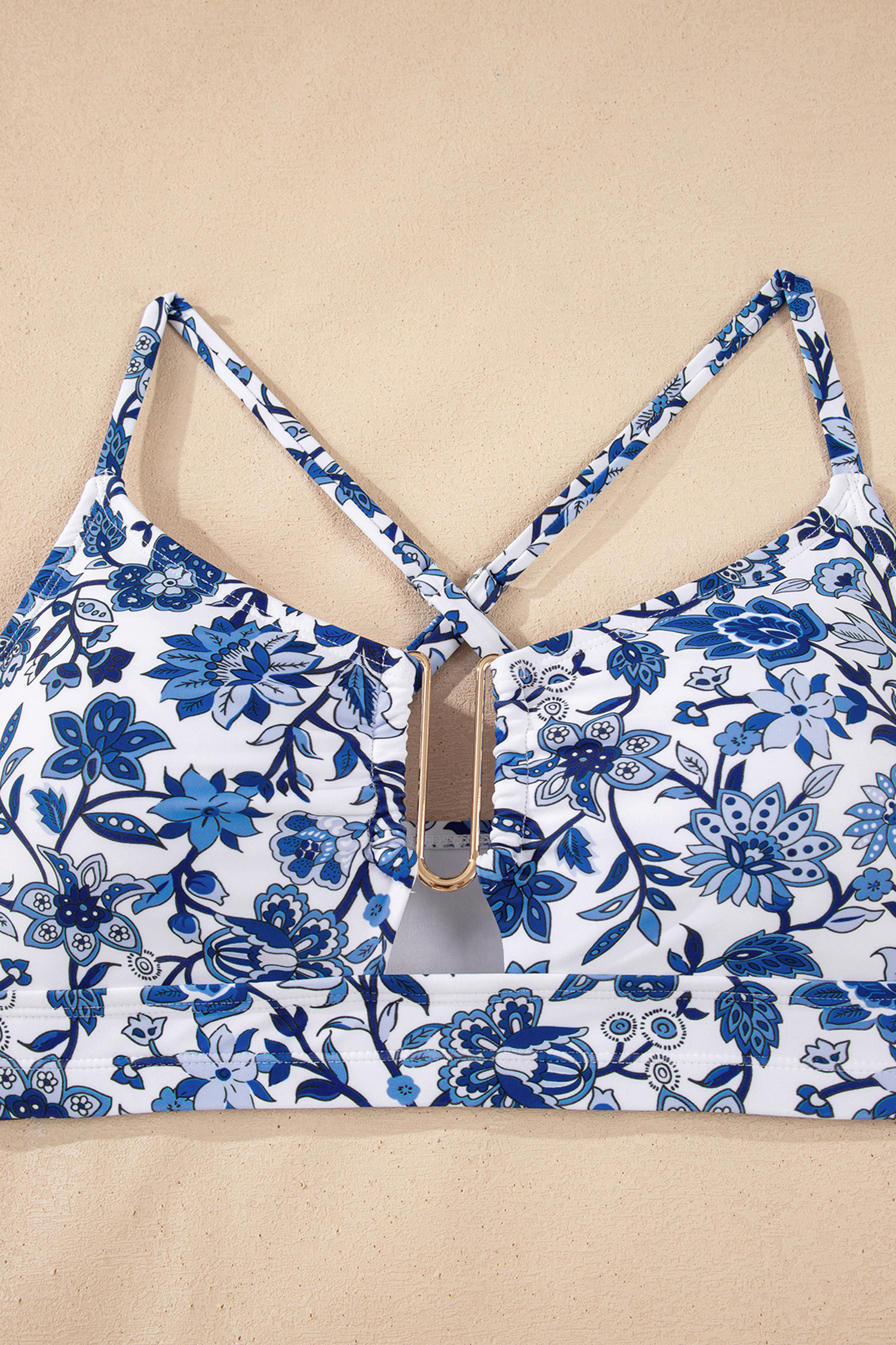 Blue Floral Print Hardware Accent Notched Neck High Waist Bikini Set view 35