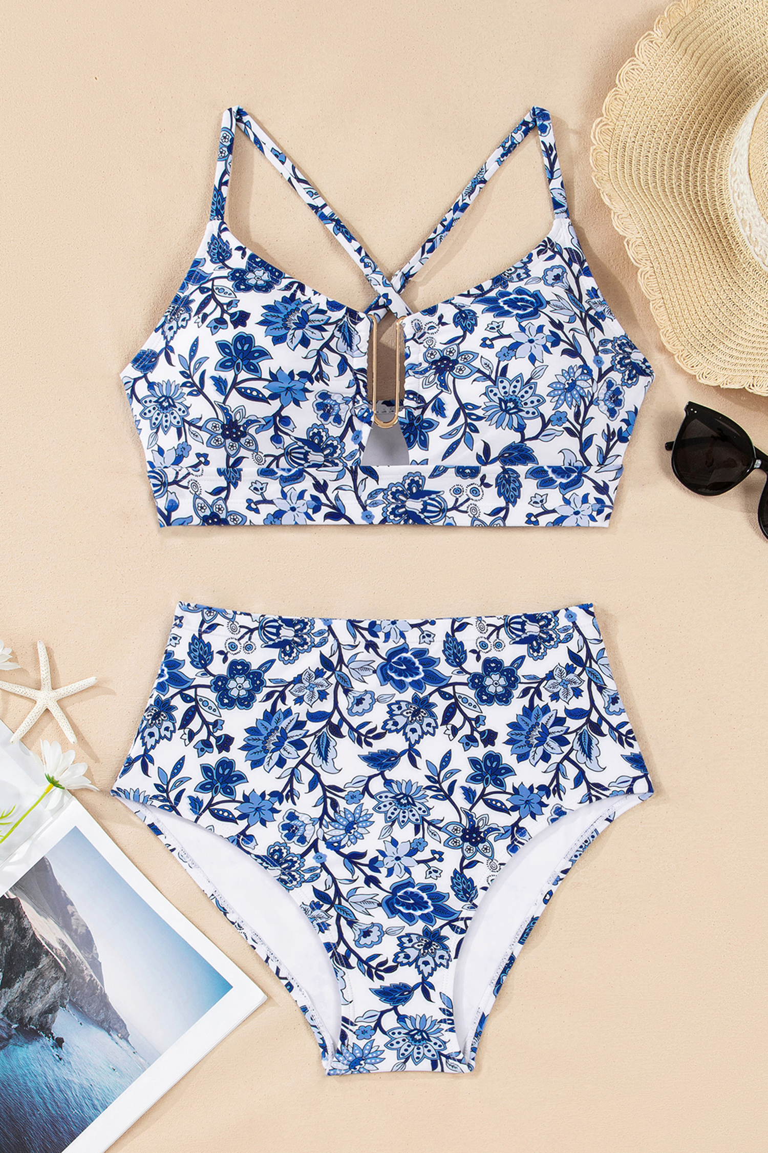 Blue Floral Print Hardware Accent Notched Neck High Waist Bikini Set view 21