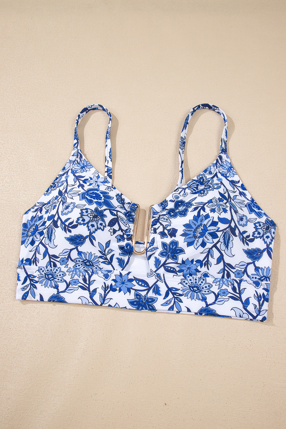 Blue Floral Print Hardware Accent Notched Neck High Waist Bikini Set view 42