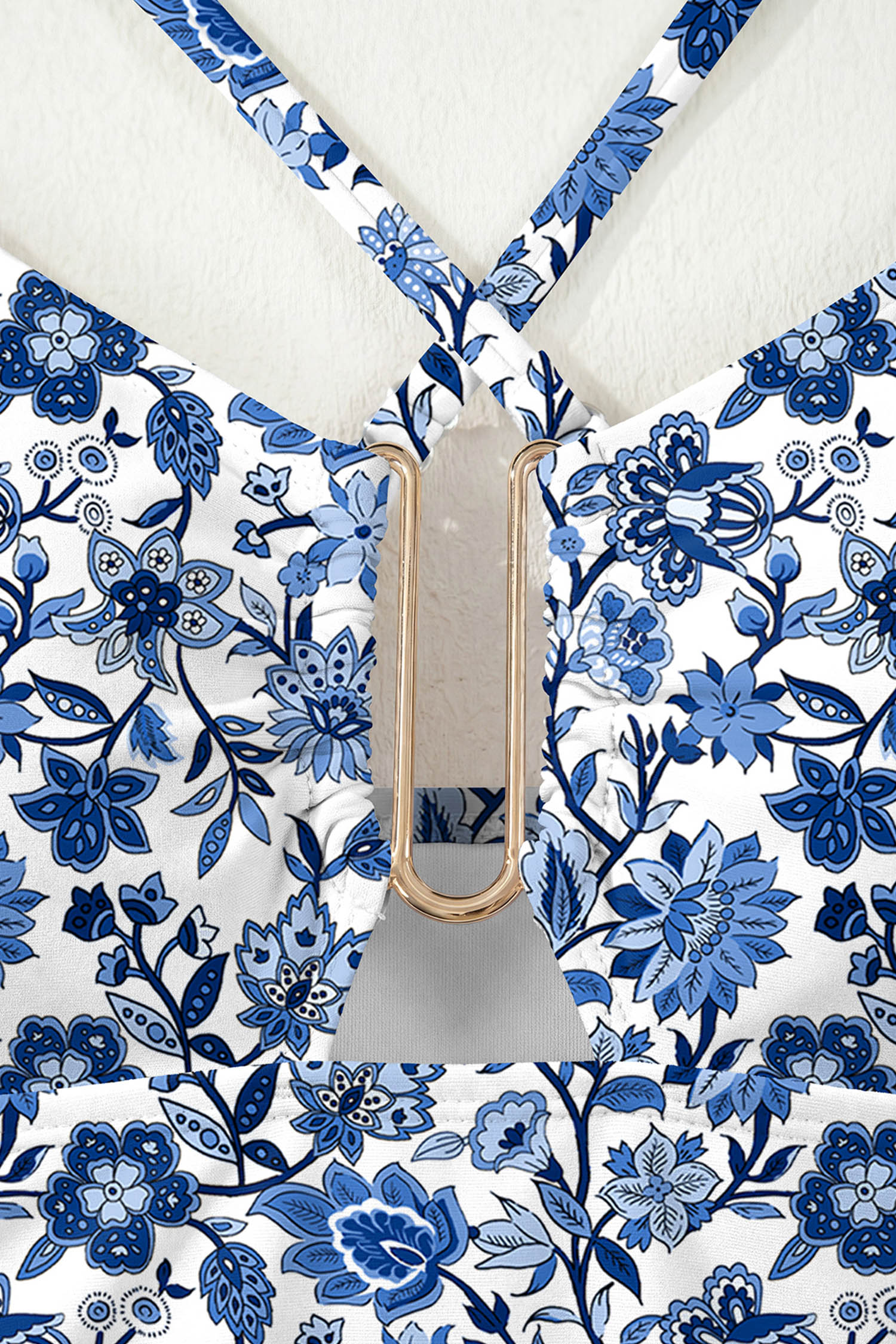 Blue Floral Print Hardware Accent Notched Neck High Waist Bikini Set view 25