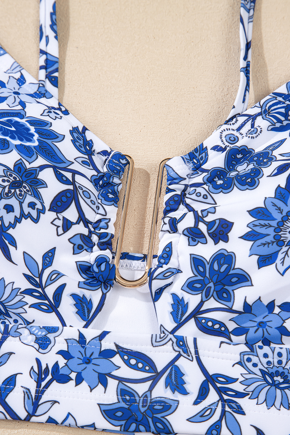 Blue Floral Print Hardware Accent Notched Neck High Waist Bikini Set view 41