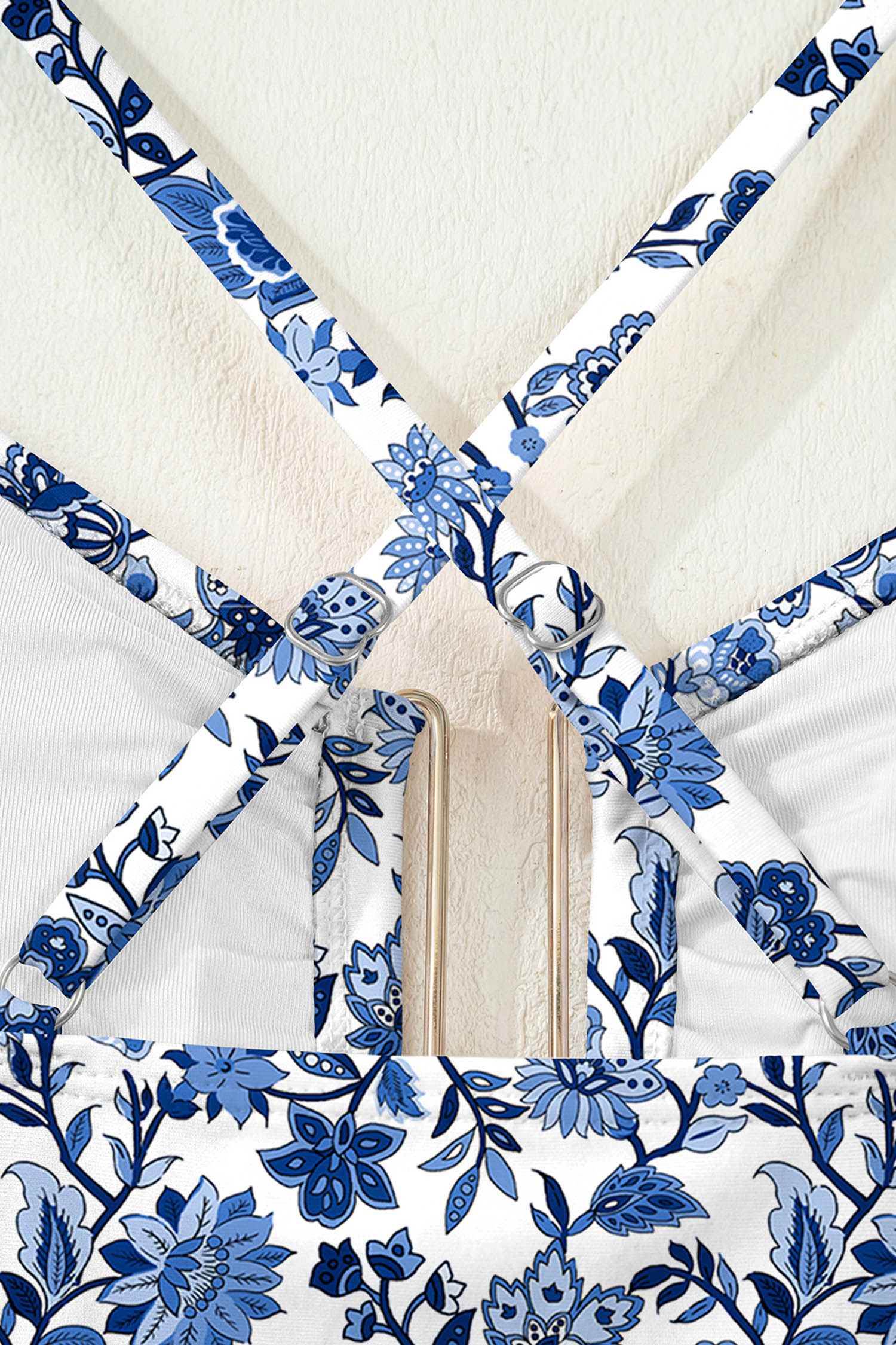Blue Floral Print Hardware Accent Notched Neck High Waist Bikini Set view 27