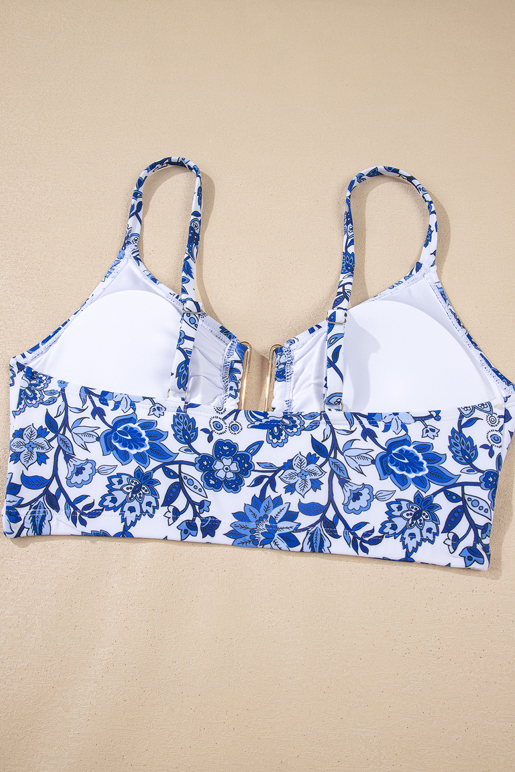 Blue Floral Print Hardware Accent Notched Neck High Waist Bikini Set view 36