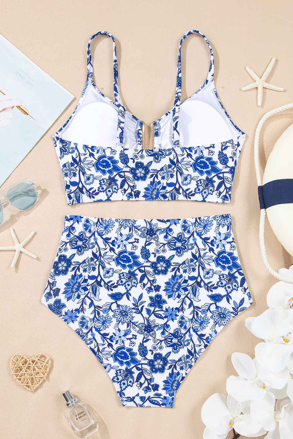 Blue Floral Print Hardware Accent Notched Neck High Waist Bikini Set view 22