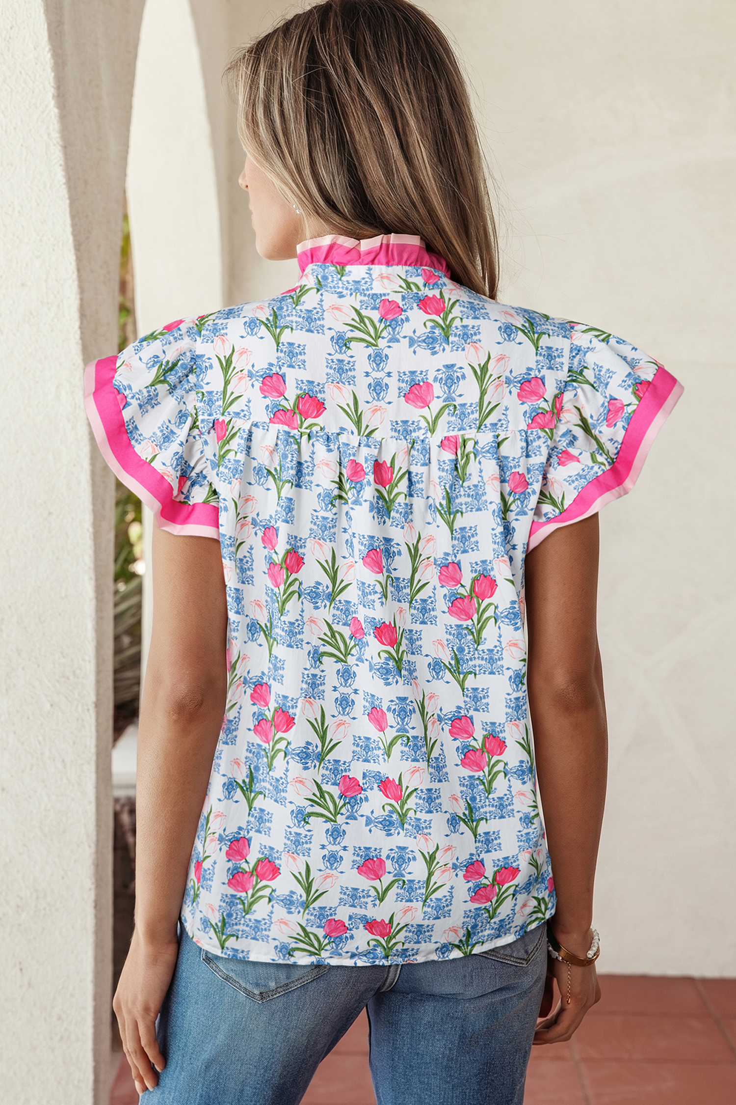 Rose Floral Print Color Block Striped Trim Flutter Sleeve Half Button Blouse view 2