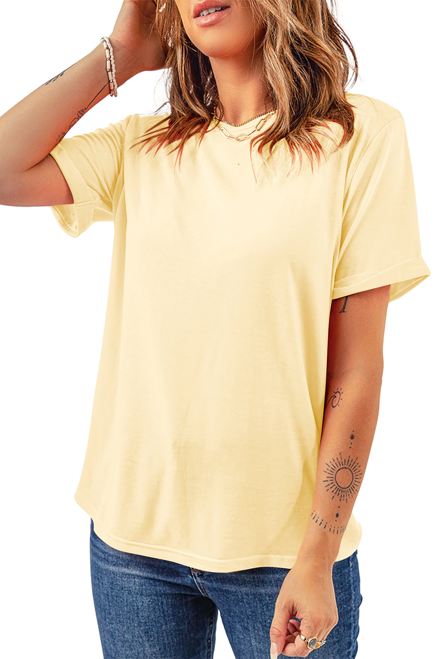 Yellow Cream Casual Plain Crew Neck Tee view 14