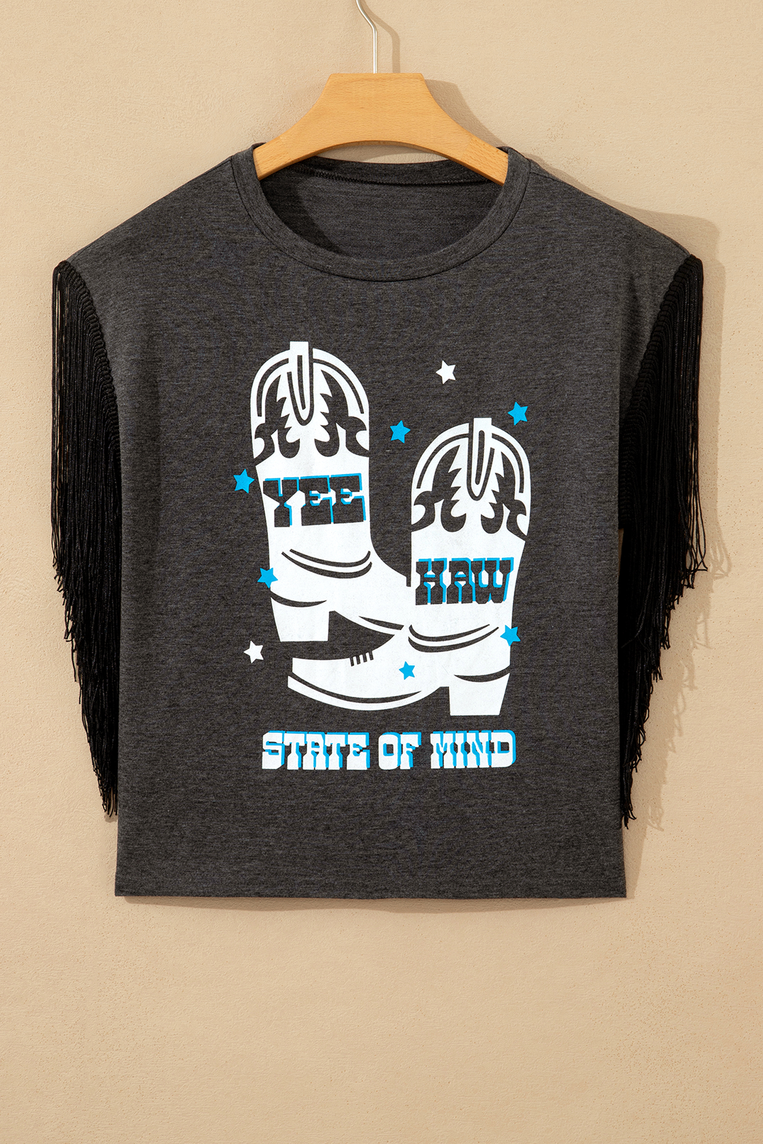 Carbon Grey YEE HAW Boots STATE OF MIND Fringed Sleeve Tee view 6