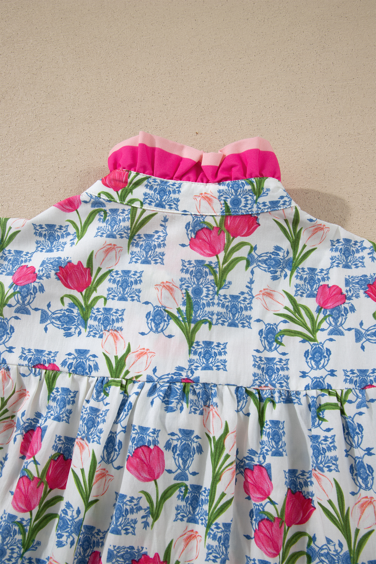Rose Floral Print Color Block Striped Trim Flutter Sleeve Half Button Blouse view 16