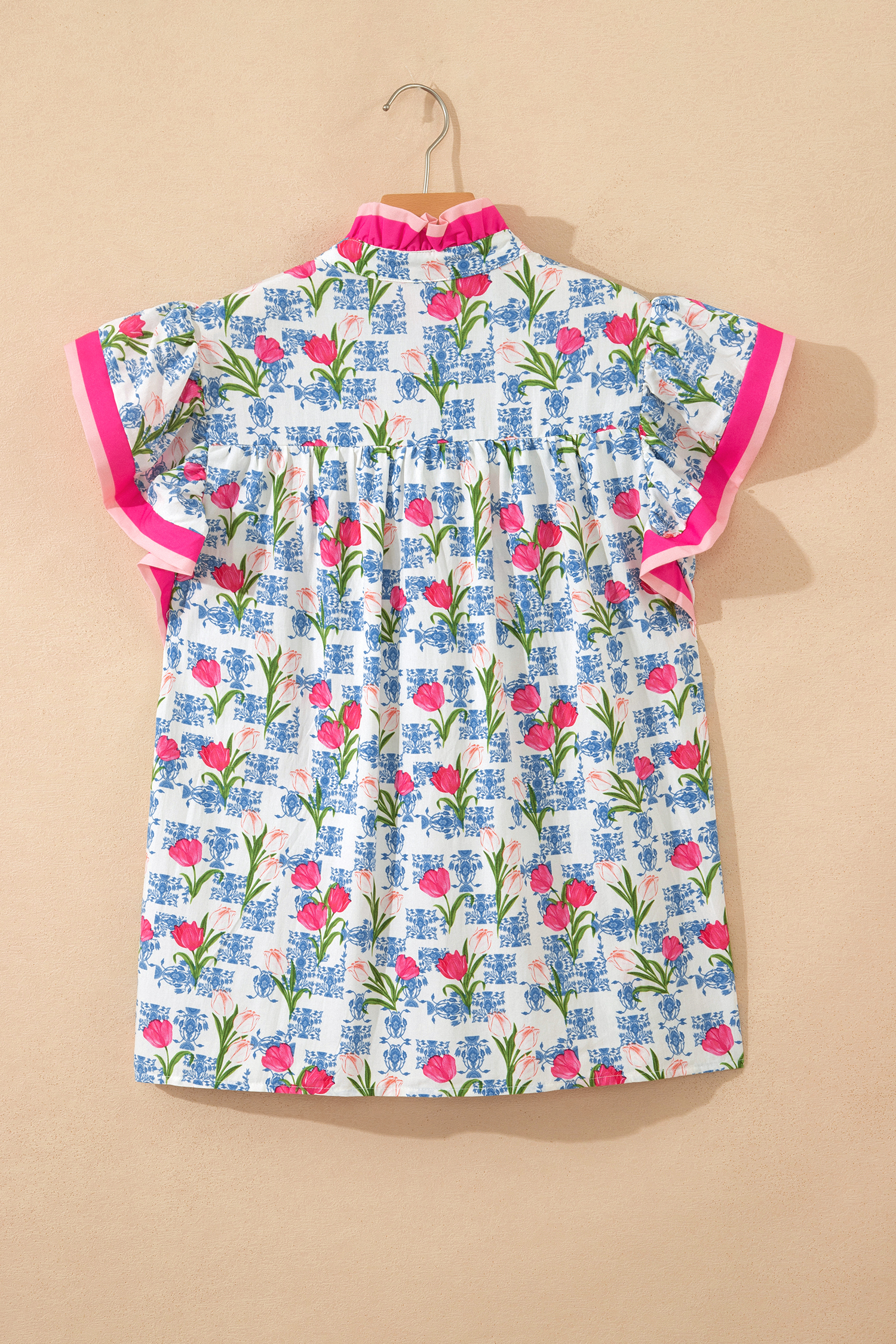 Rose Floral Print Color Block Striped Trim Flutter Sleeve Half Button Blouse view 14