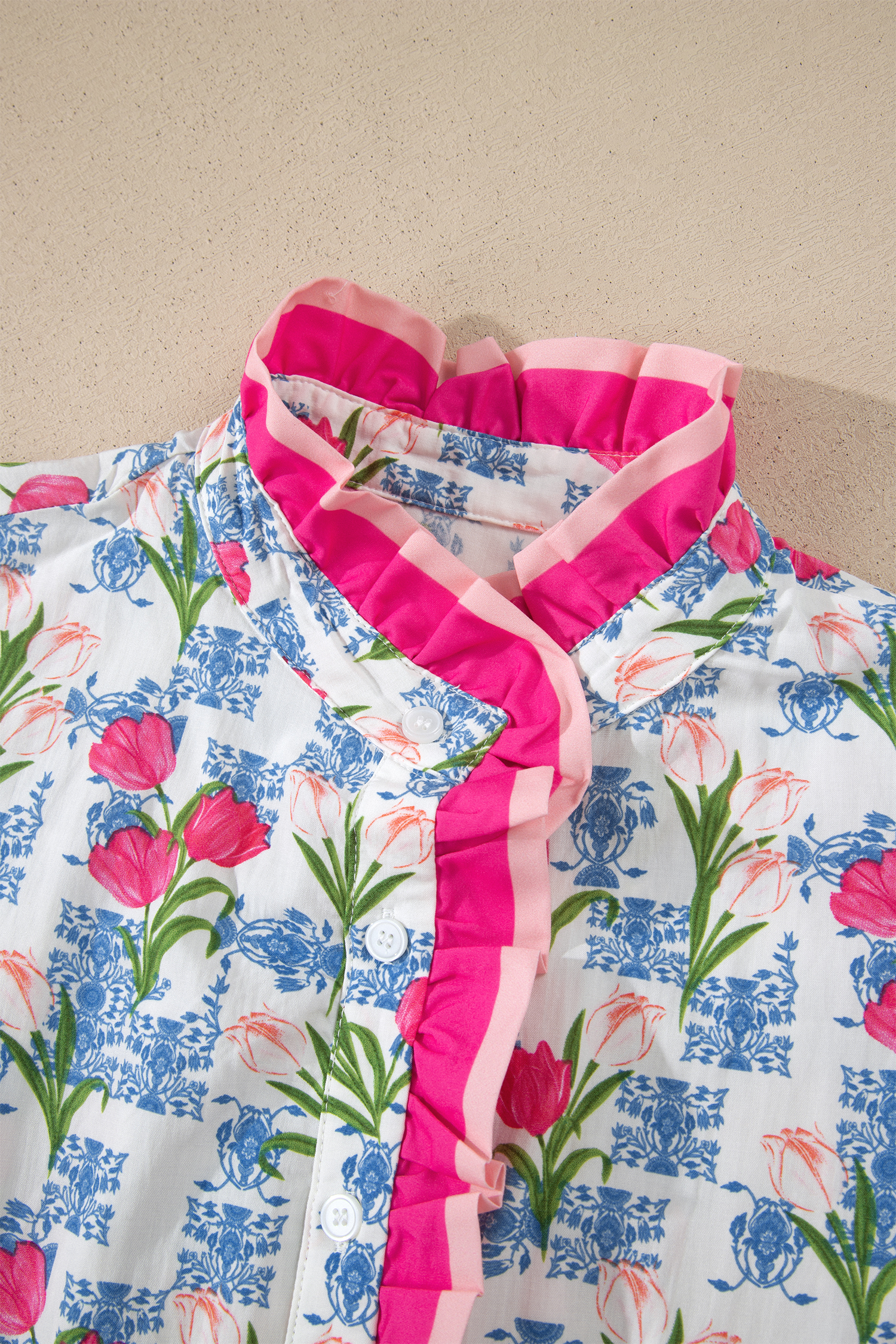 Rose Floral Print Color Block Striped Trim Flutter Sleeve Half Button Blouse view 15