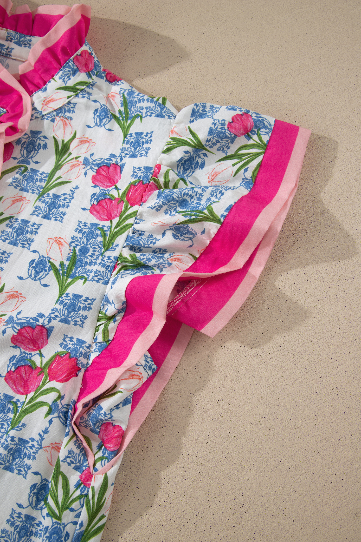 Rose Floral Print Color Block Striped Trim Flutter Sleeve Half Button Blouse view 17
