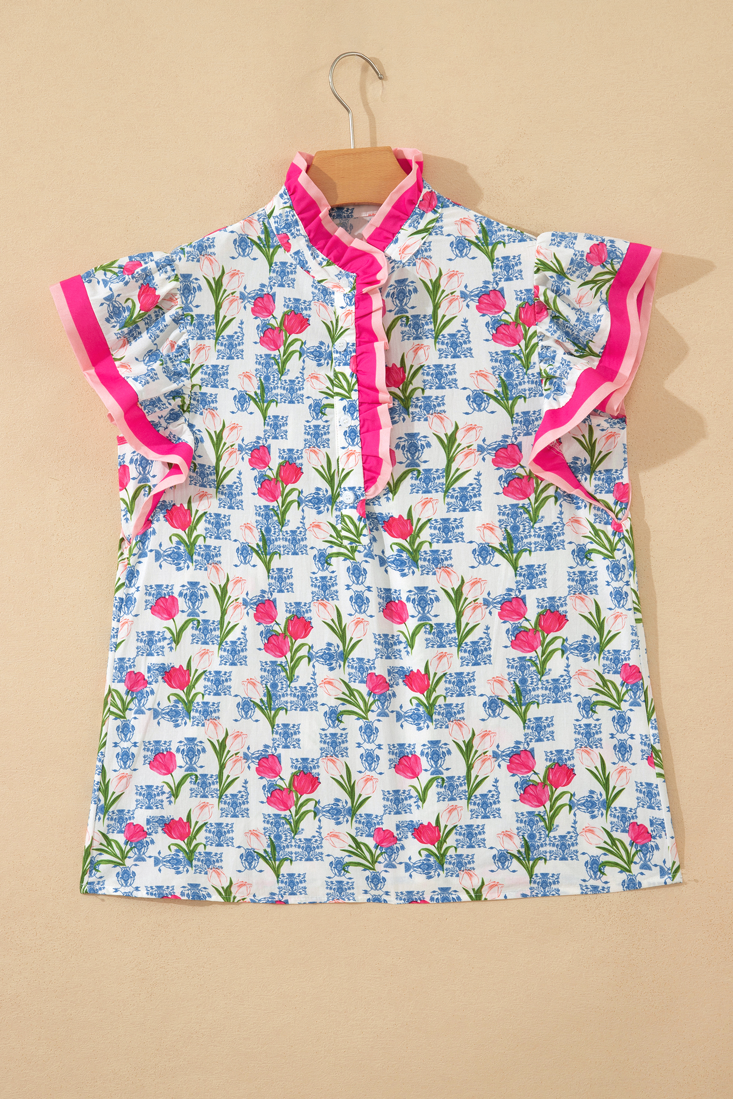 Rose Floral Print Color Block Striped Trim Flutter Sleeve Half Button Blouse view 13