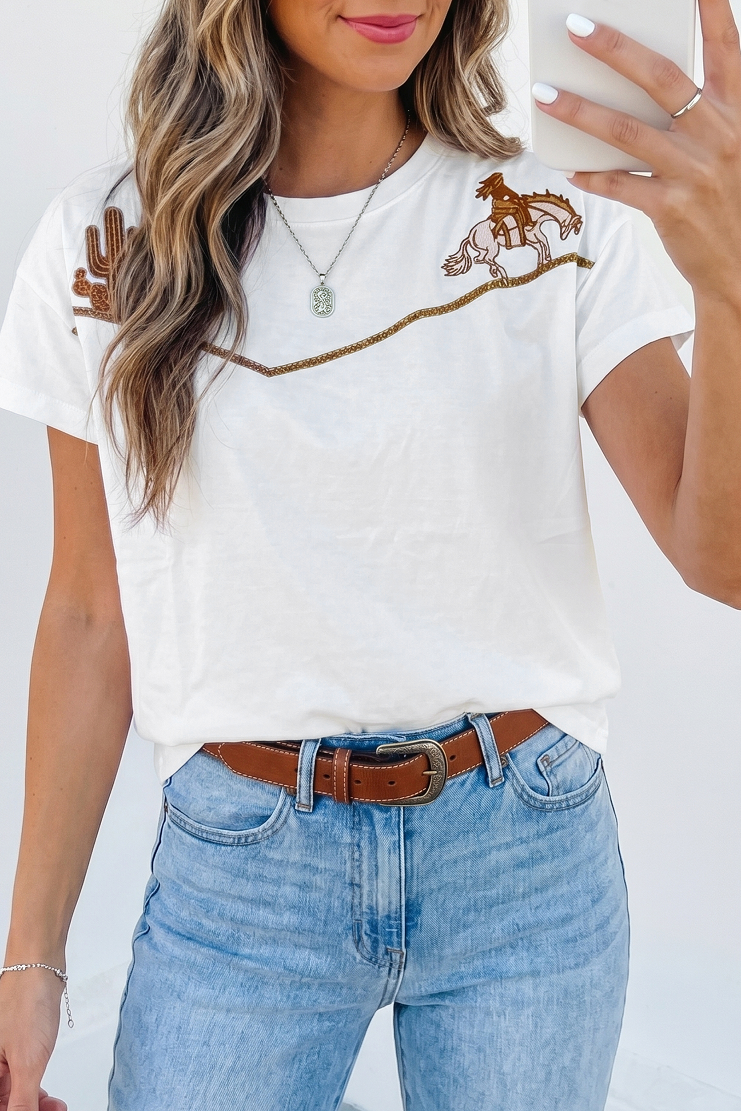 White Western Fashion Embroidered Casual Tee view 9