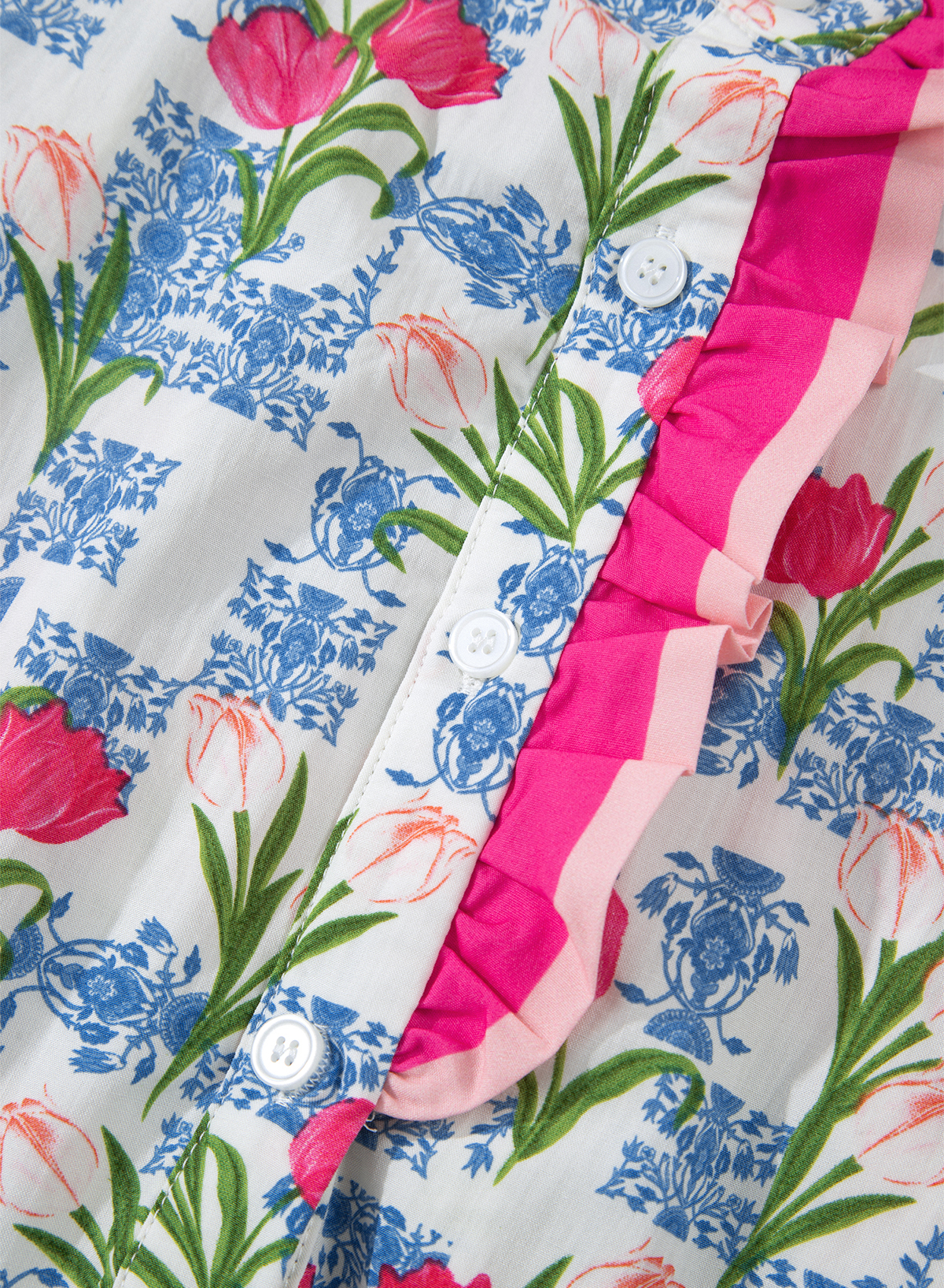 Rose Floral Print Color Block Striped Trim Flutter Sleeve Half Button Blouse view 20