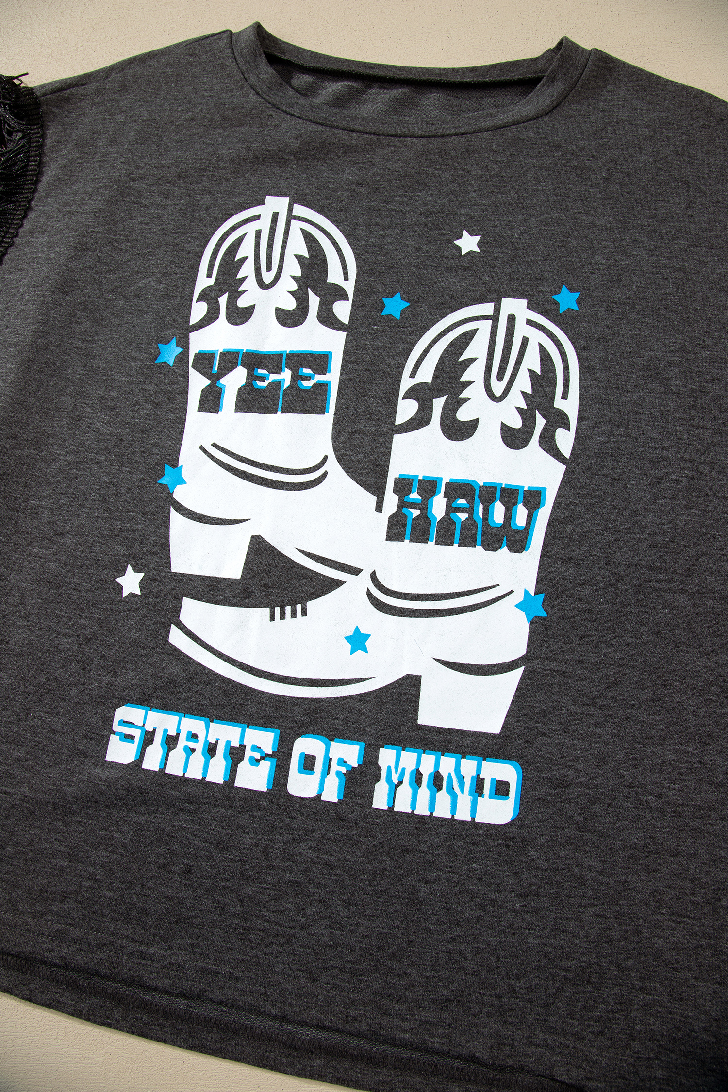 Carbon Grey YEE HAW Boots STATE OF MIND Fringed Sleeve Tee view 10