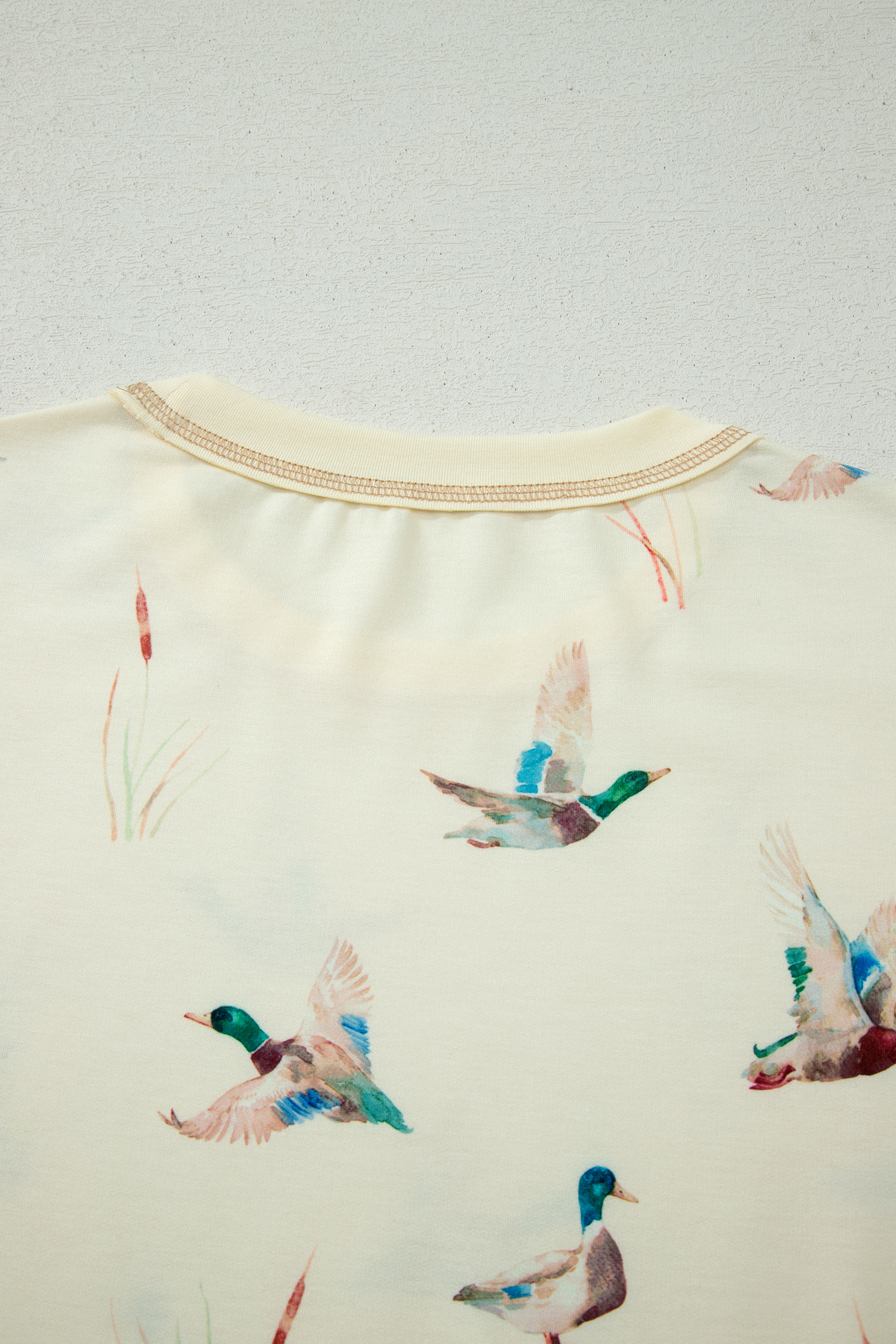 Beige Mallard Duck Print Oversized Tee Drawstring Short Set