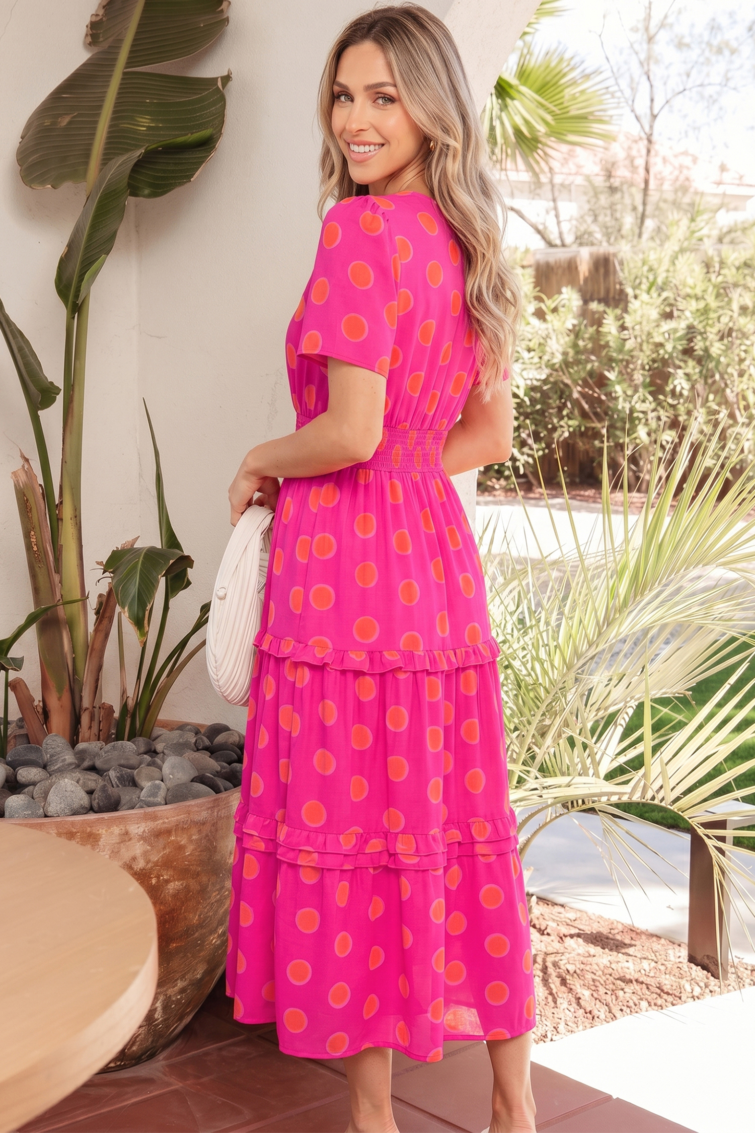 Rose Double Polka Dot Short Sleeve Shirred High Waist Midi Dress view 2