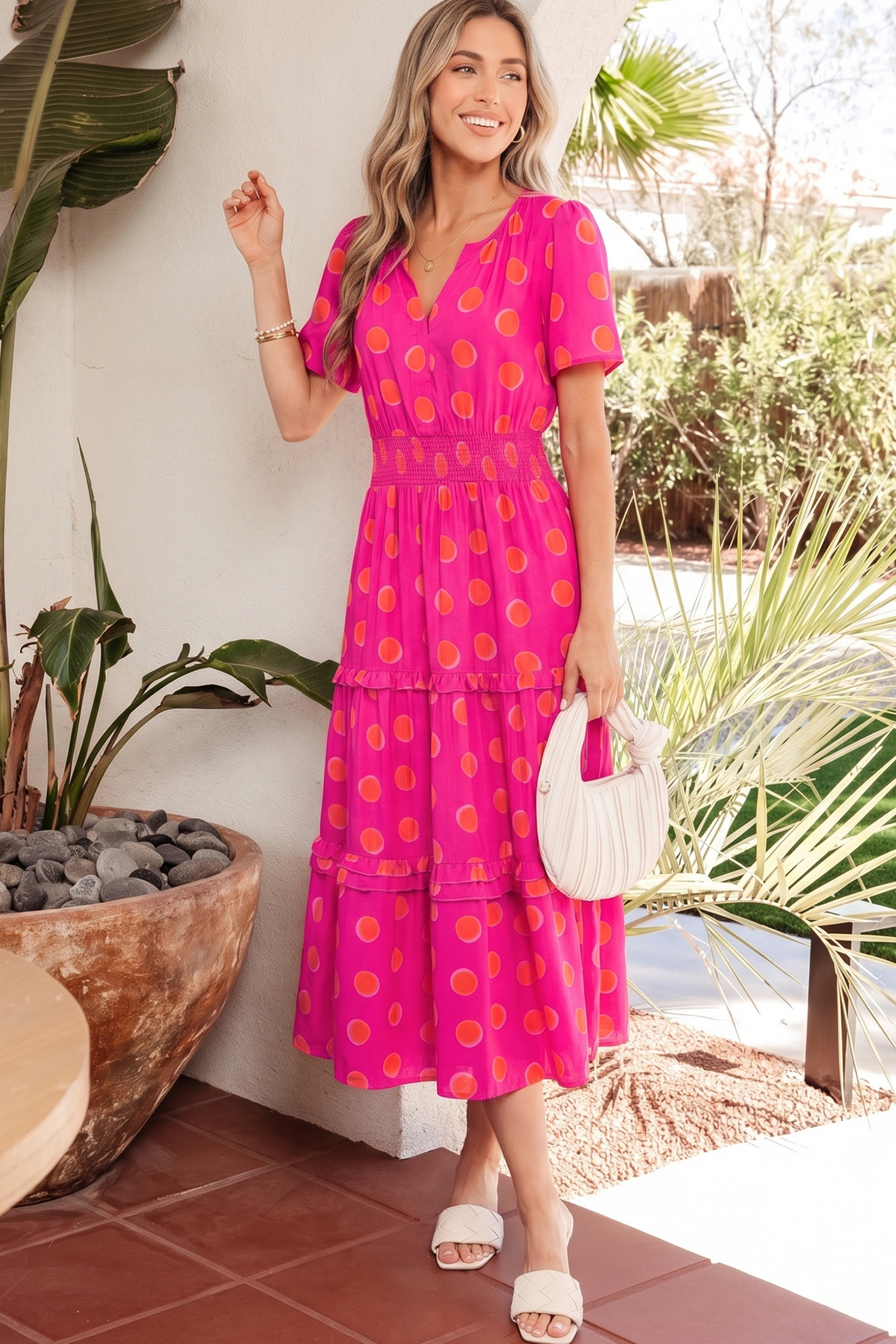 Rose Double Polka Dot Short Sleeve Shirred High Waist Midi Dress view 5