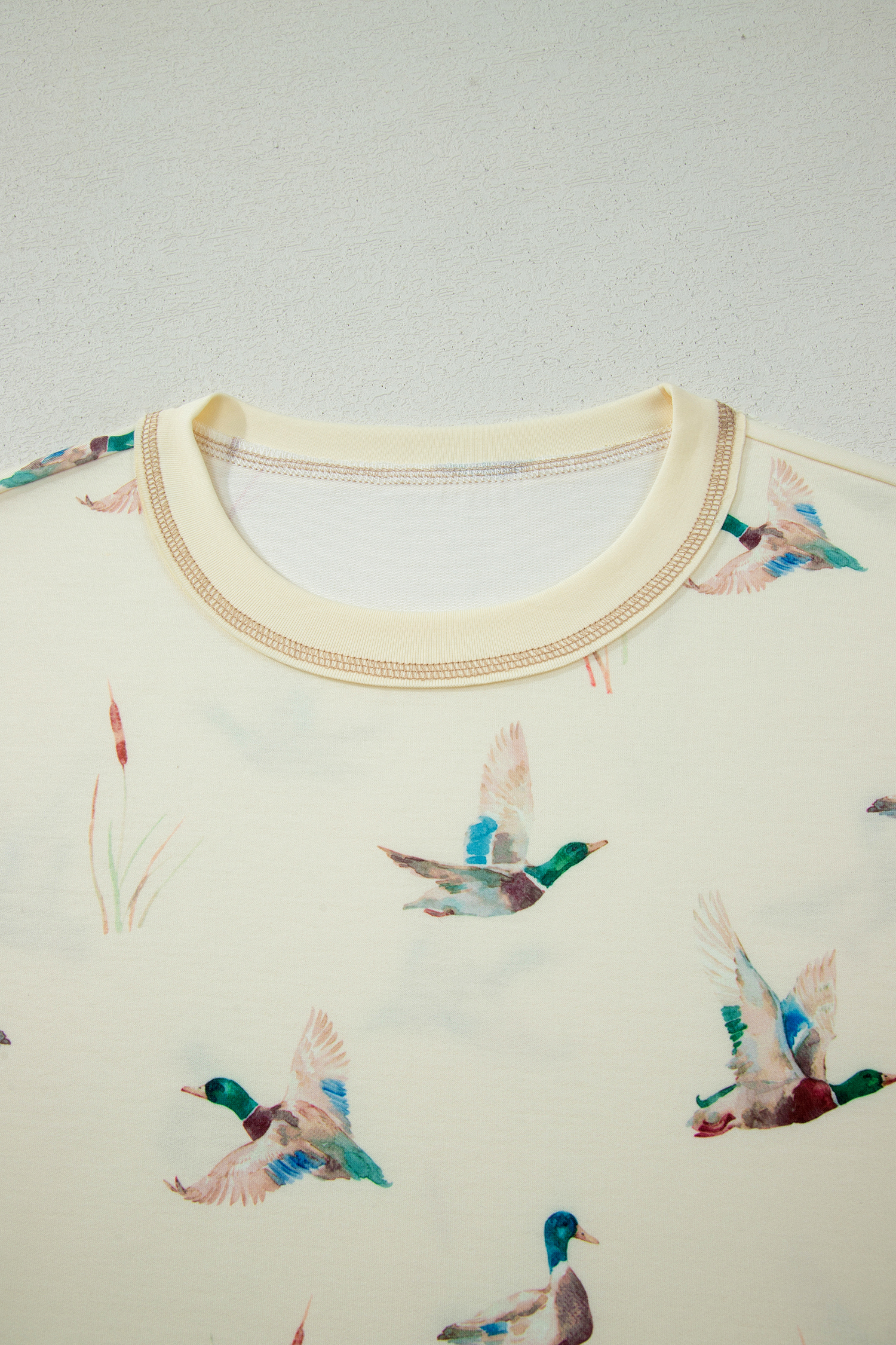Beige Mallard Duck Print Oversized Tee Drawstring Short Set