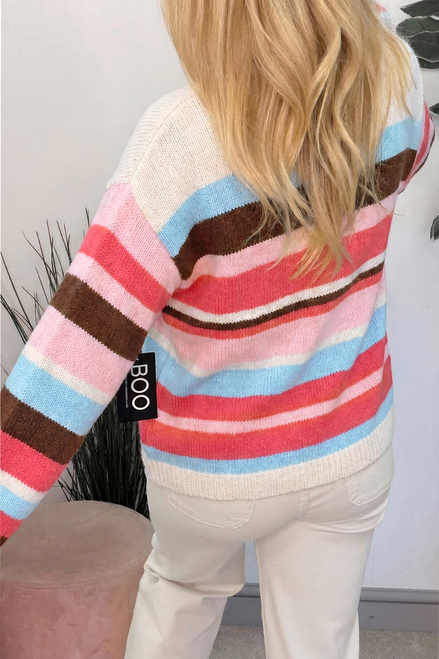 Pink Stripe Striped Colorblock Drop Shoulder Cardigan view 12