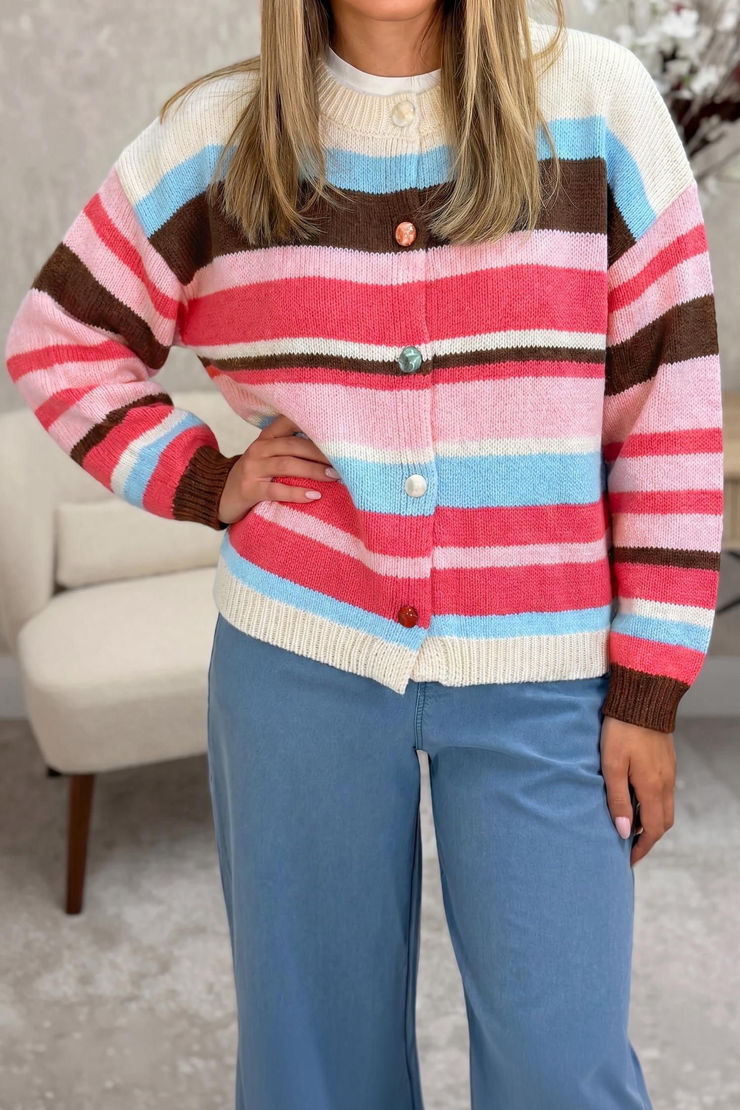 Pink Stripe Striped Colorblock Drop Shoulder Cardigan view 11