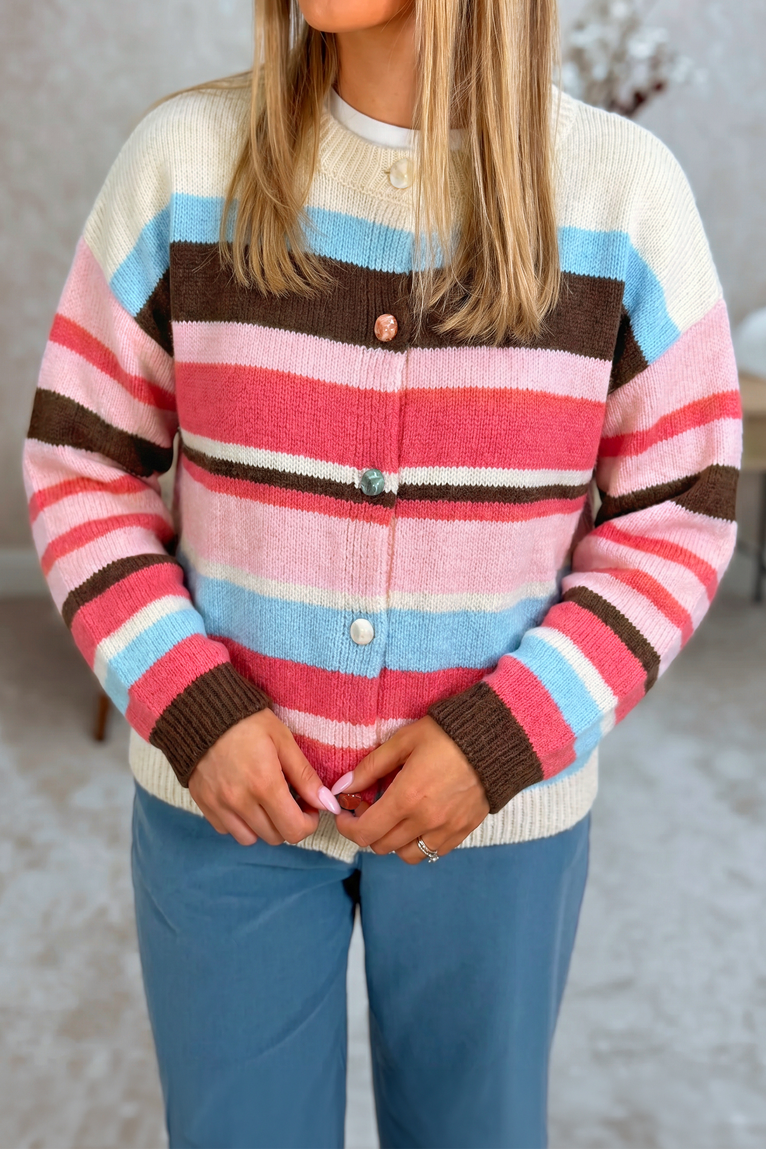 Pink Stripe Striped Colorblock Drop Shoulder Cardigan view 13
