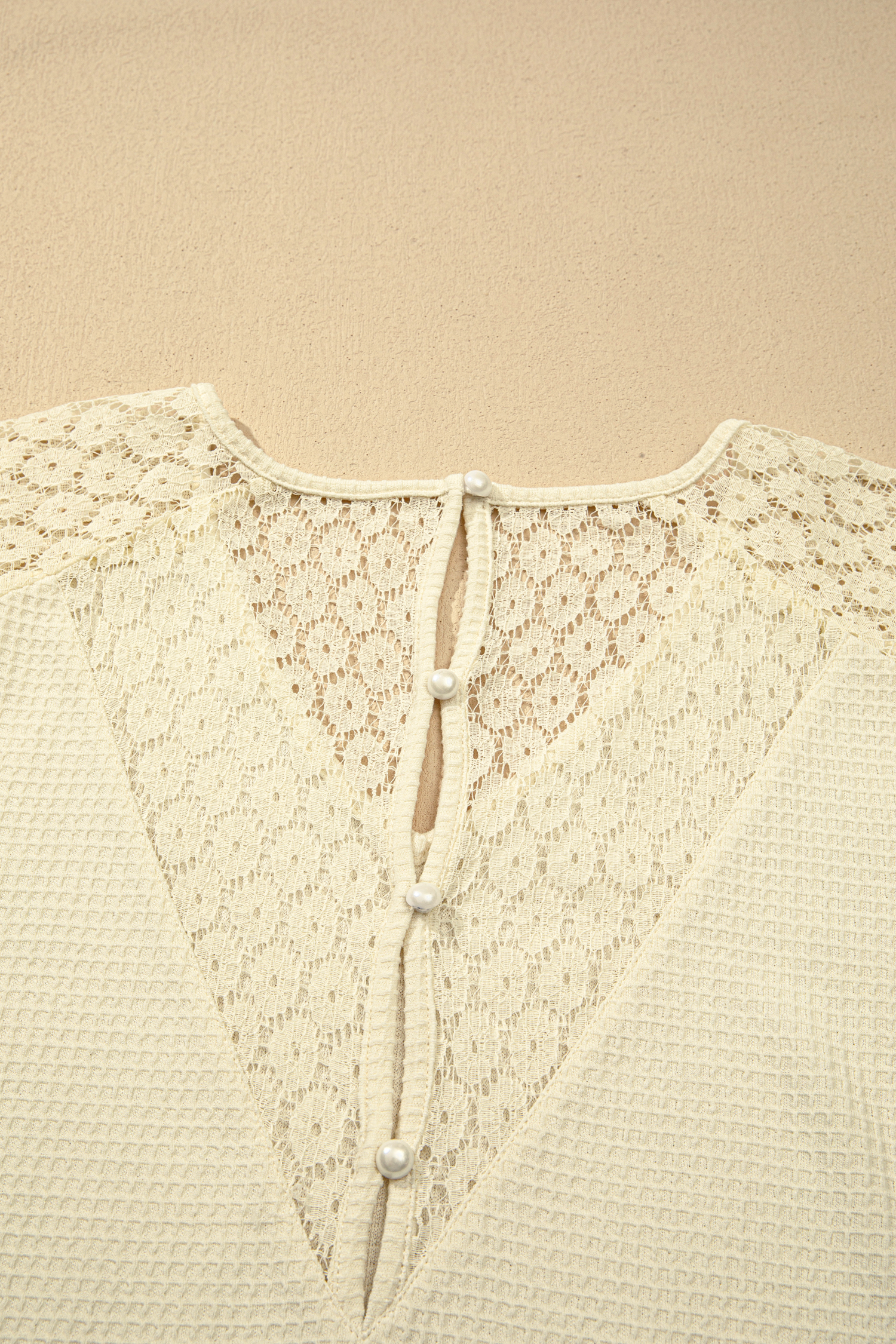 Beige Lace Splicing Button Cutout V Neck Waffle Knit Blouse view 11
