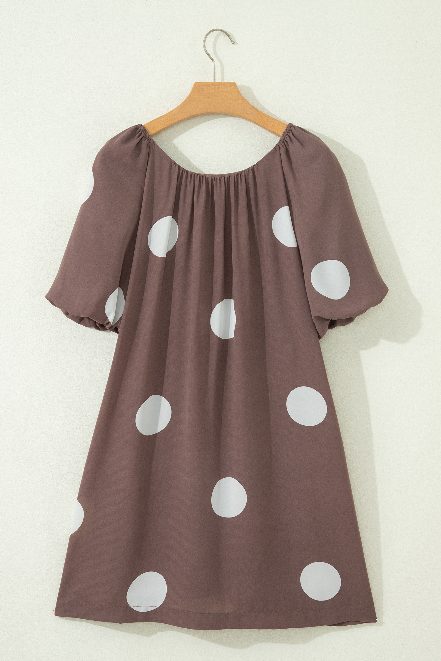 Brown Polka Dot Print Knot Back Short Puff Sleeve Loose Mini Dress view 11