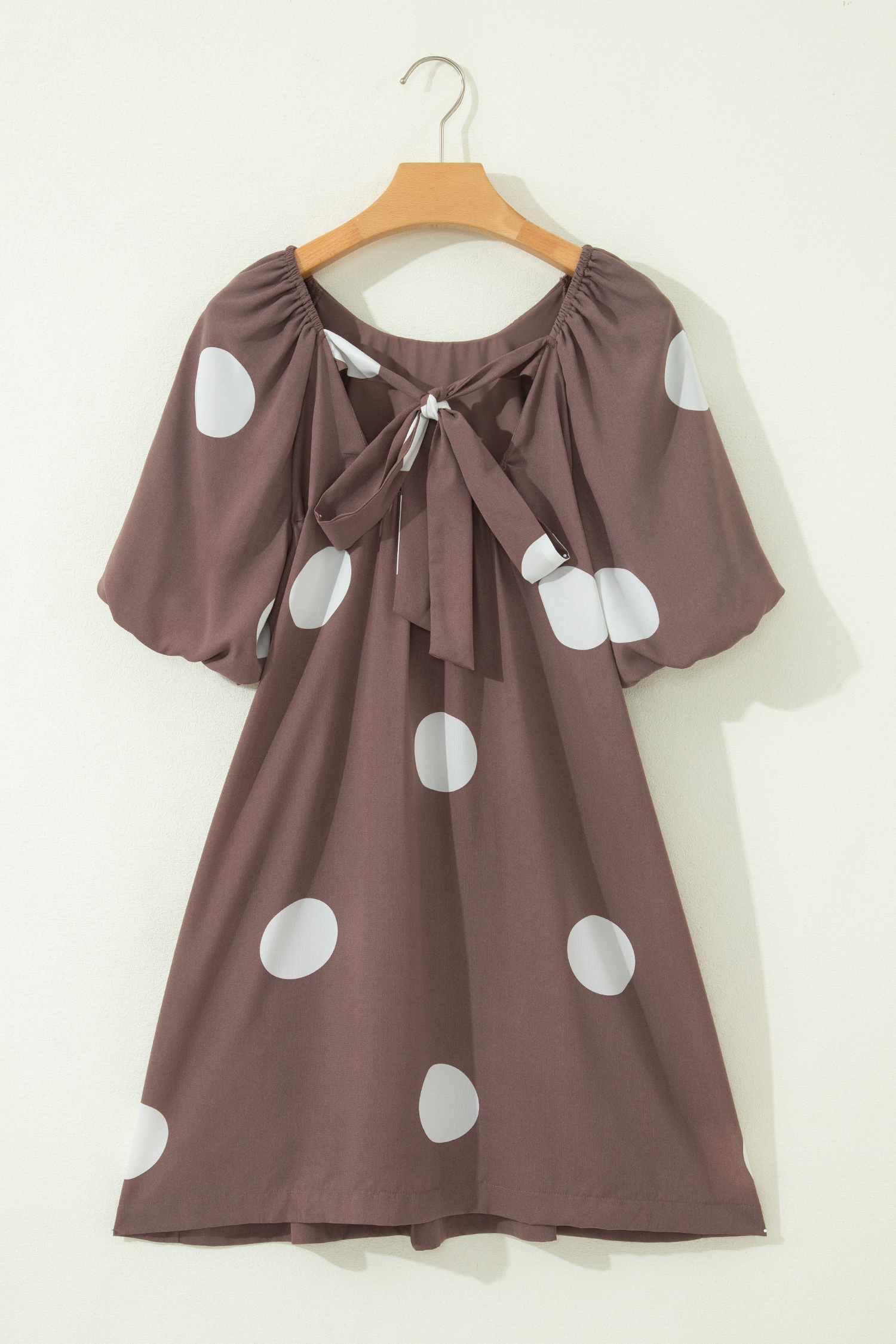 Brown Polka Dot Print Knot Back Short Puff Sleeve Loose Mini Dress view 12