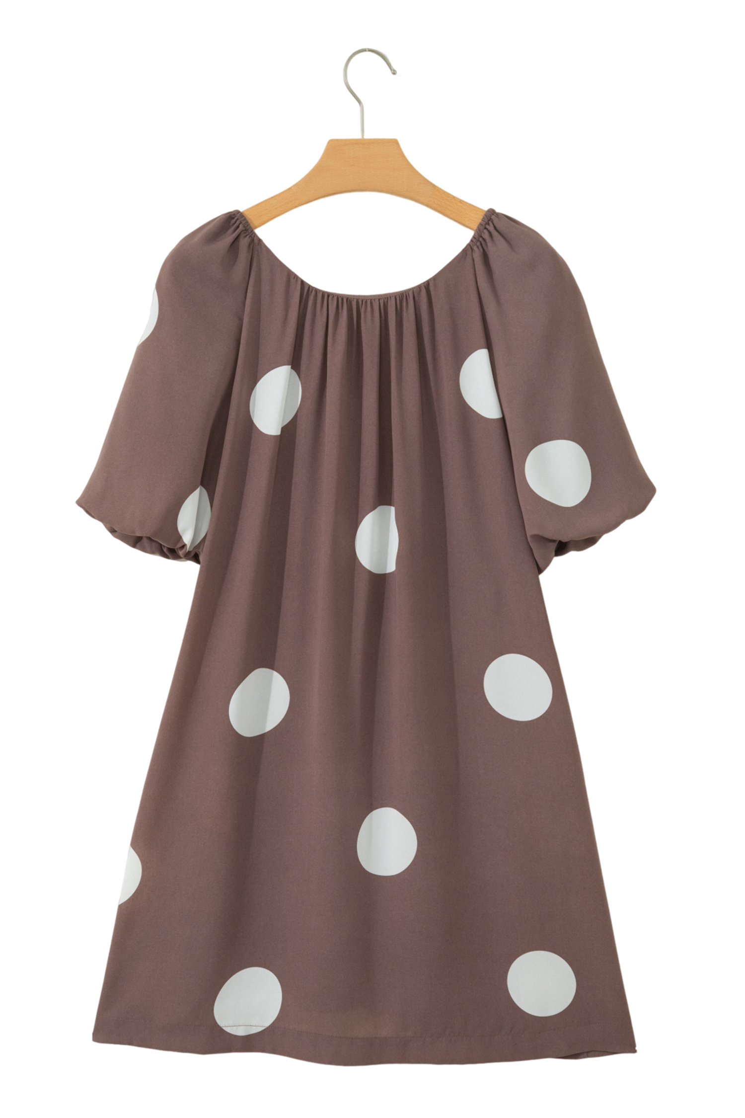 Brown Polka Dot Print Knot Back Short Puff Sleeve Loose Mini Dress view 21