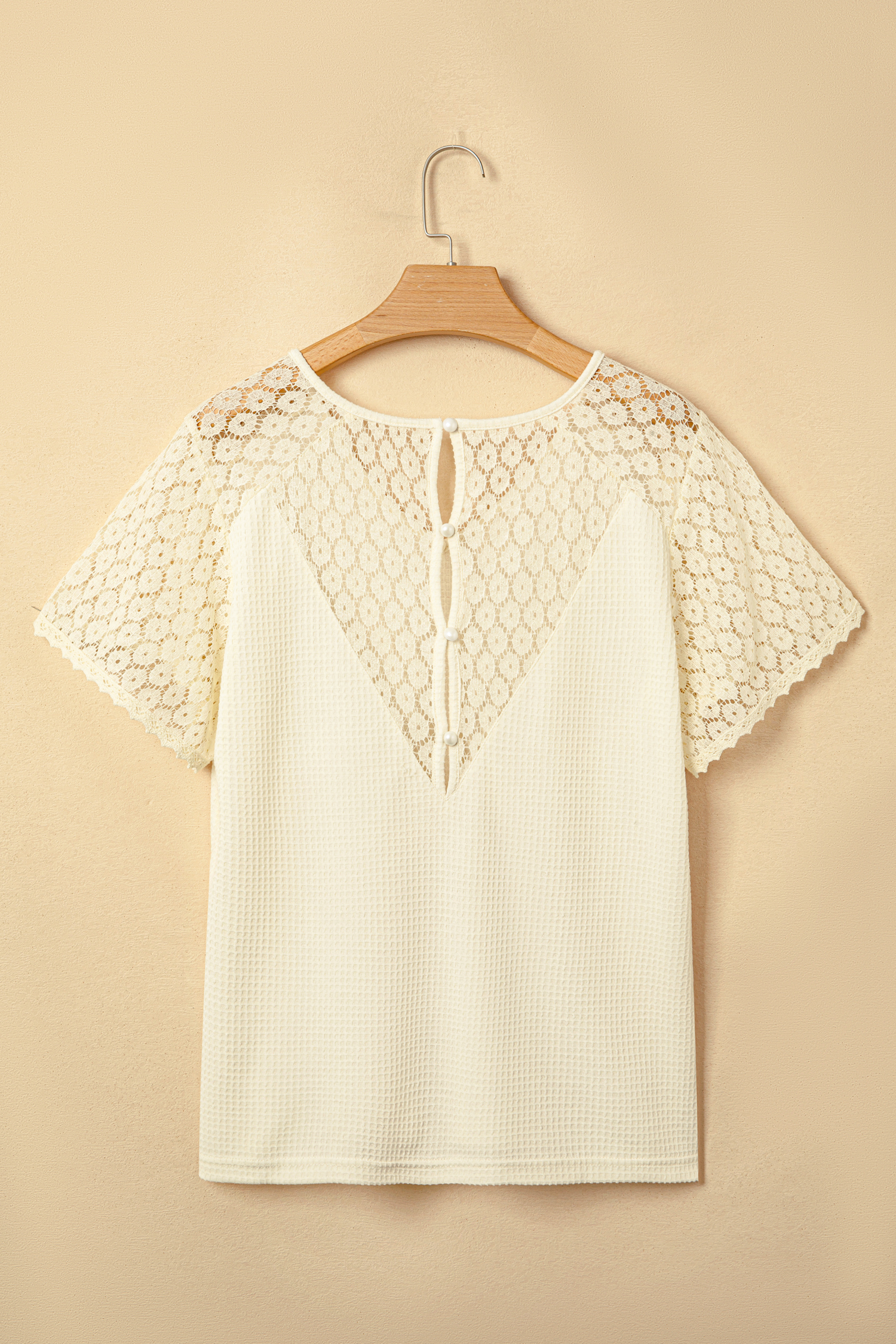 Beige Lace Splicing Button Cutout V Neck Waffle Knit Blouse view 6