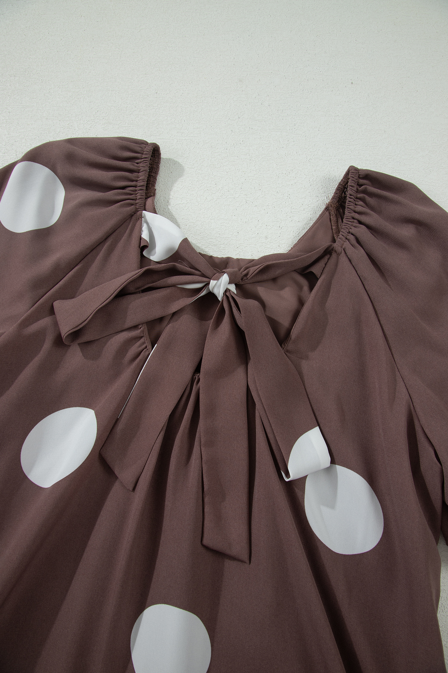 Brown Polka Dot Print Knot Back Short Puff Sleeve Loose Mini Dress view 15