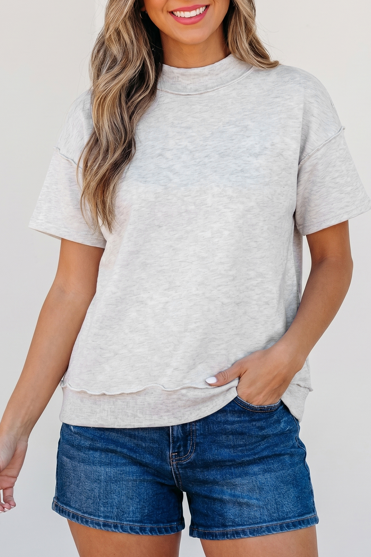 Light Grey Exposed Seam Detail Mock Neck Tee view 3
