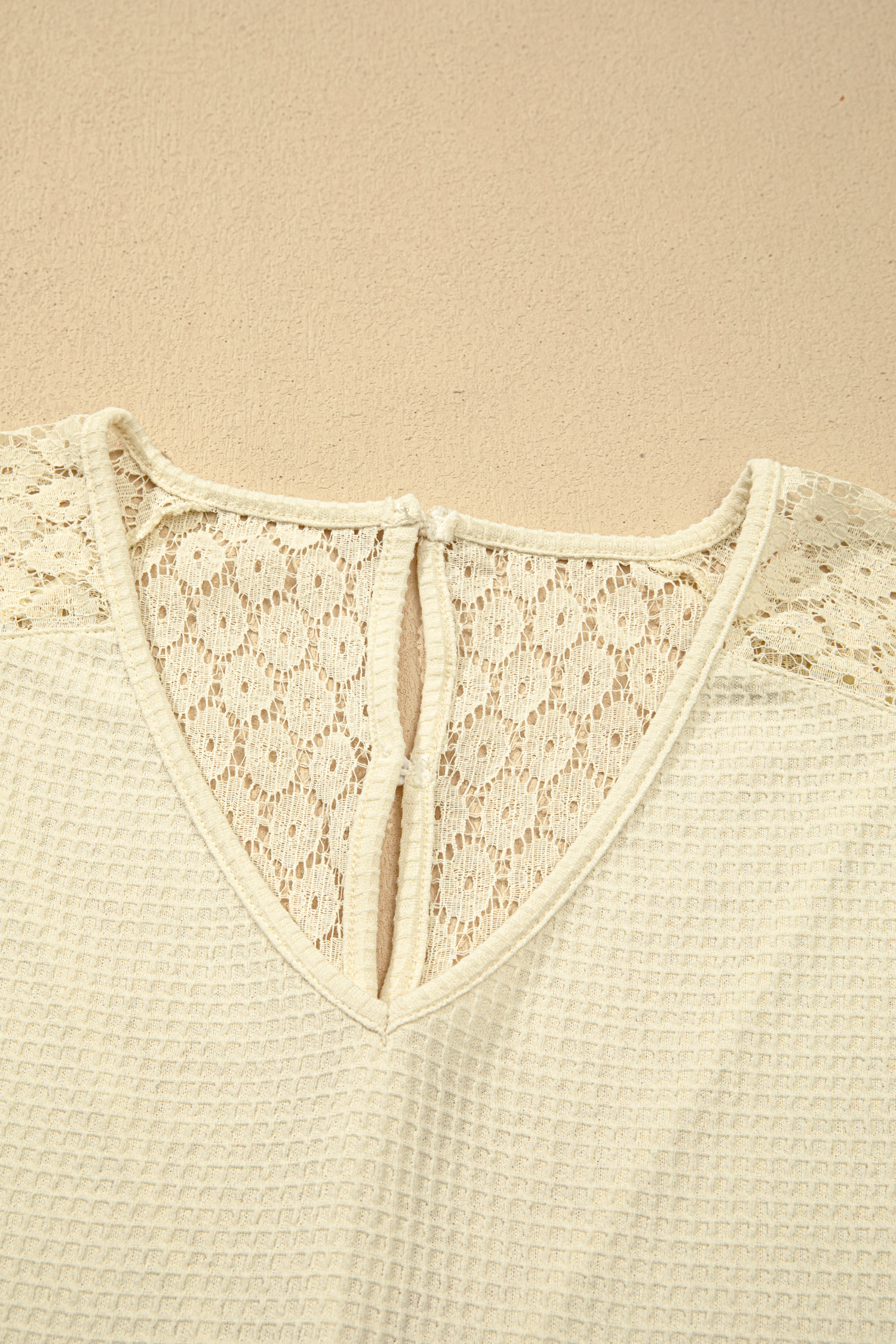 Beige Lace Splicing Button Cutout V Neck Waffle Knit Blouse view 7
